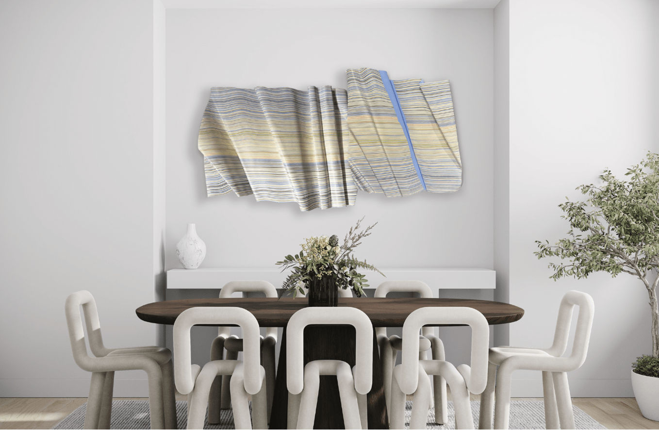 Ocean Wave shown in different configuration. The two pieces to this work may be repositioned in their grouping or be separated into two pieces for display according to the viewer's experience. Mockup scene shown for illustration purposes.