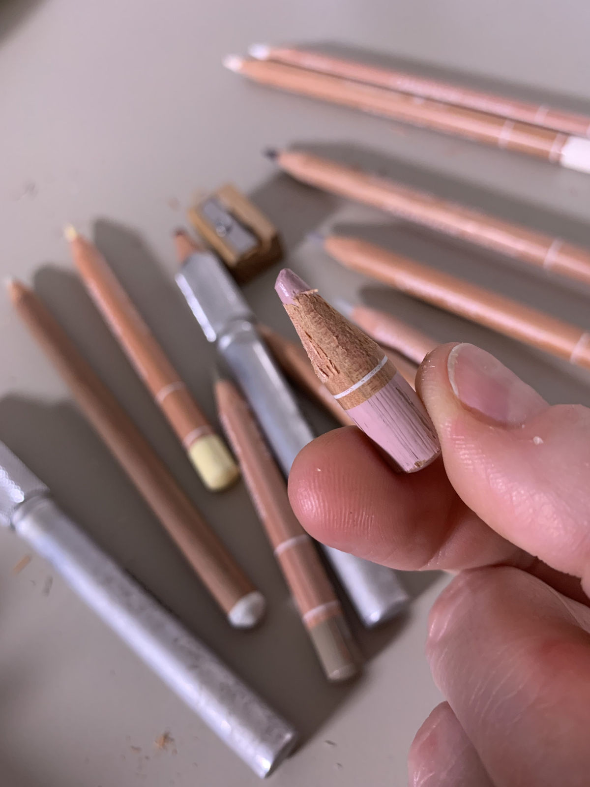 Detail of the art supplies used. Hand sharpened down to the nub.