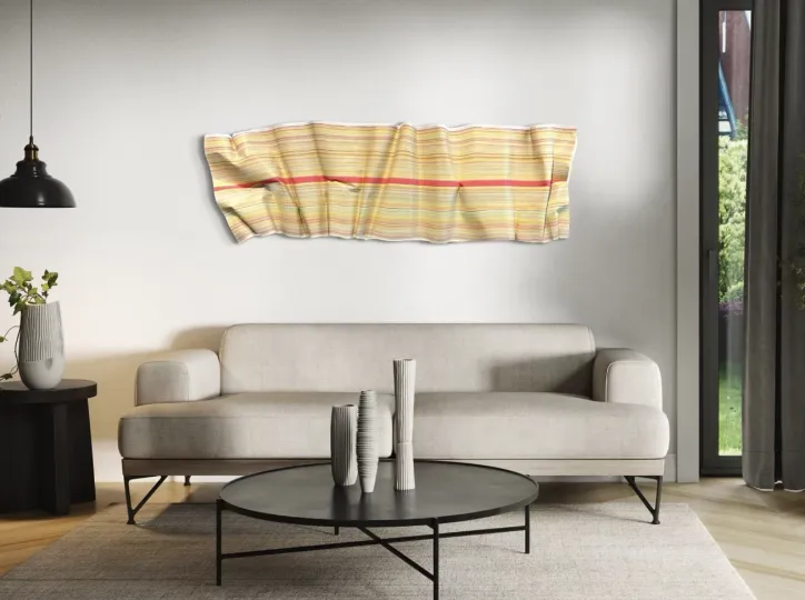 Sherbert. Colour Pencil and Acrylic Paint on Paper. Shown in horizontal position in illustration mockup to scale.