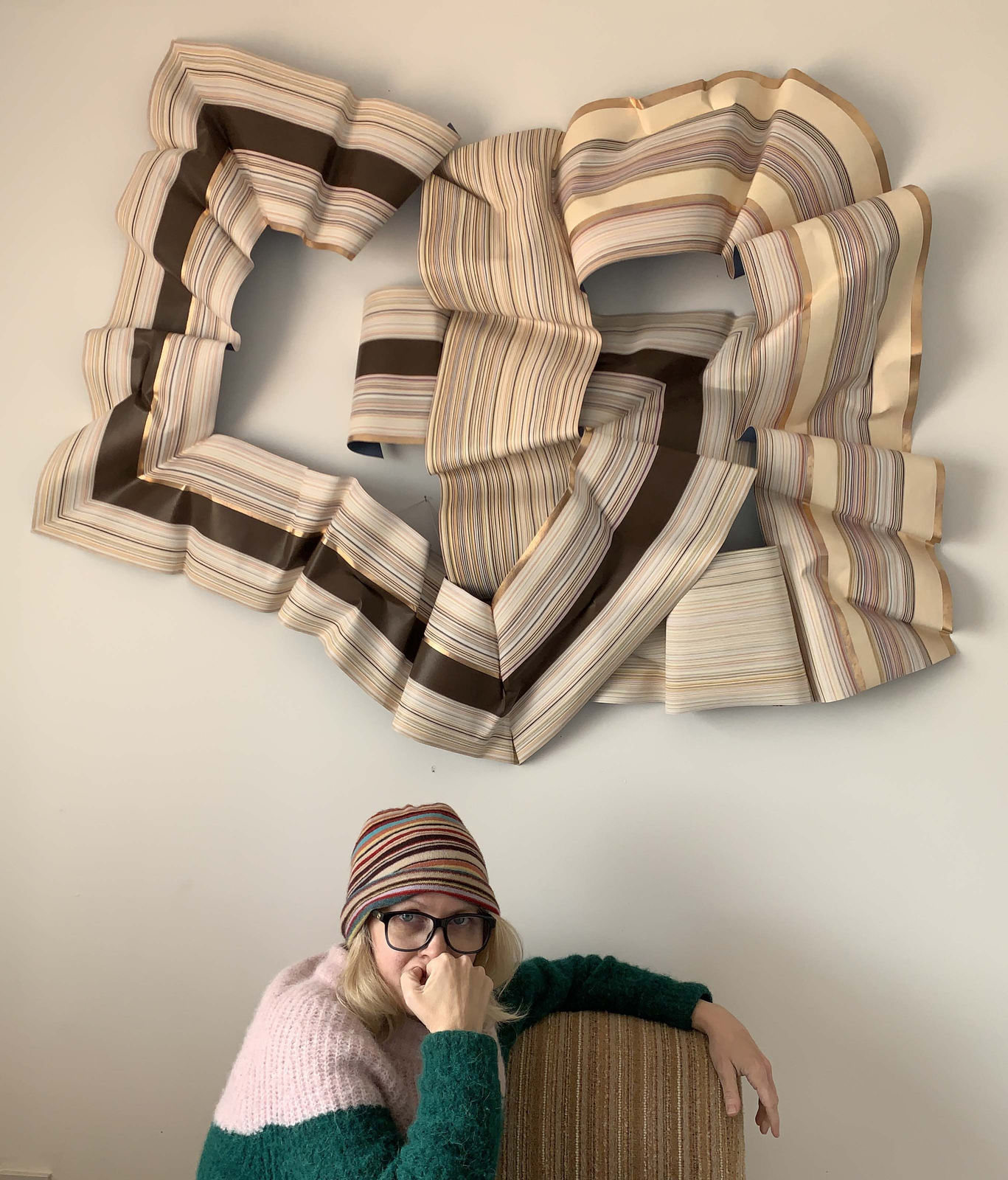 Stacey's Blend 1 & 2 shown with artist. Colour Pencil and Acrylic Paint on Paper with 23K Rose Gold Leaf.