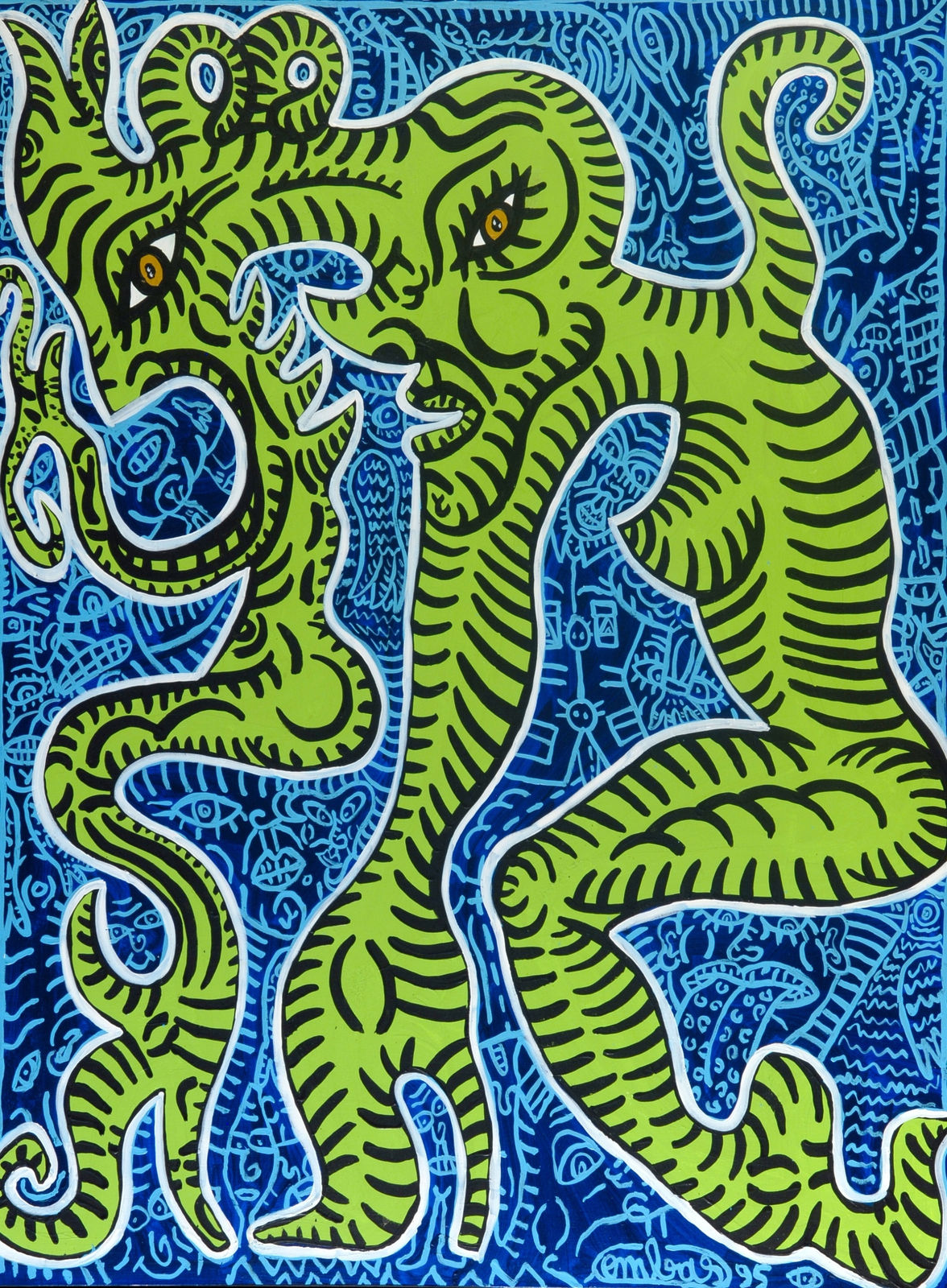 Robert Combas, Monstre Vert À Double Incarnation À Fond Bleu, 1995