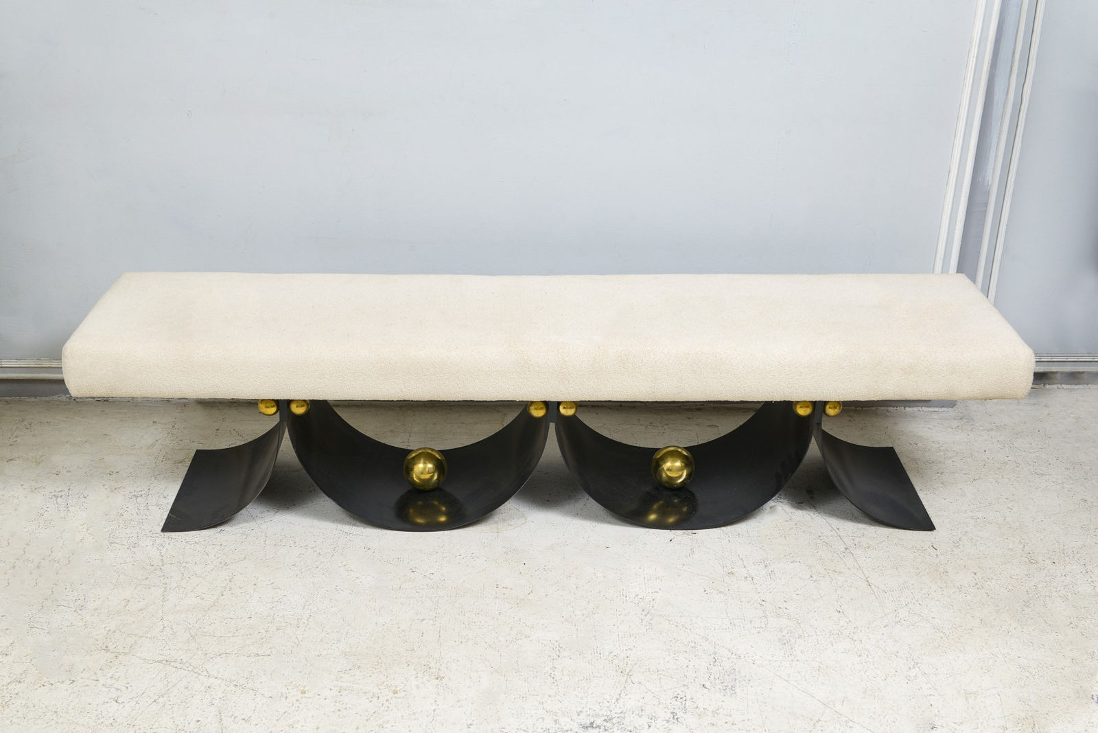 Contemporary Sculptural Iron Bench with Polished Brass Decorations, 21st century