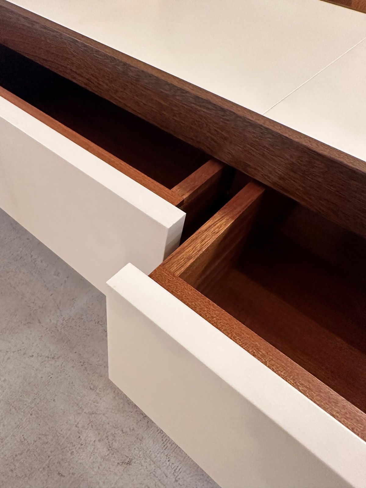 Custom Parchment and Mahogany Console with Three Drawers