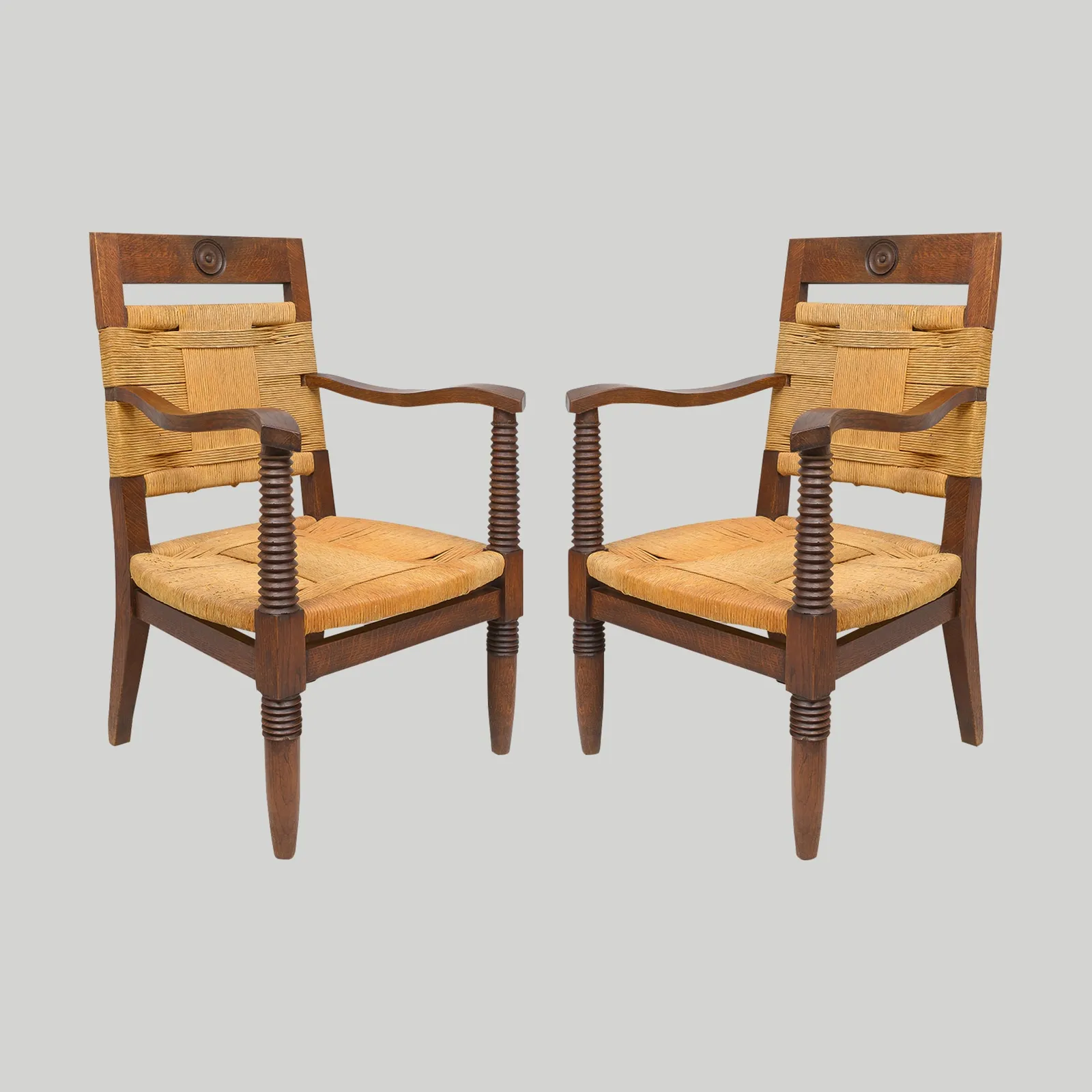 Unusual Pair of Vintage French Oak Rushed Lounge Chairs, c 1930’s–1950’s