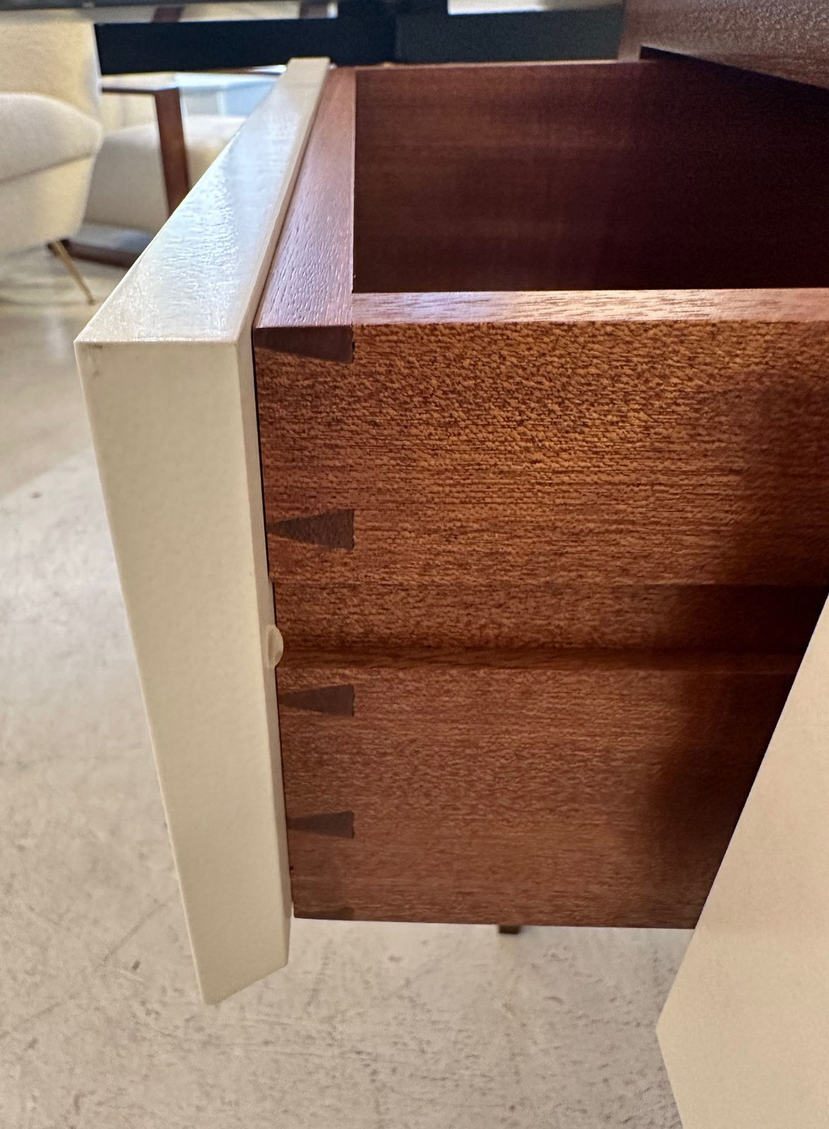 Custom Parchment and Mahogany Console with Three Drawers