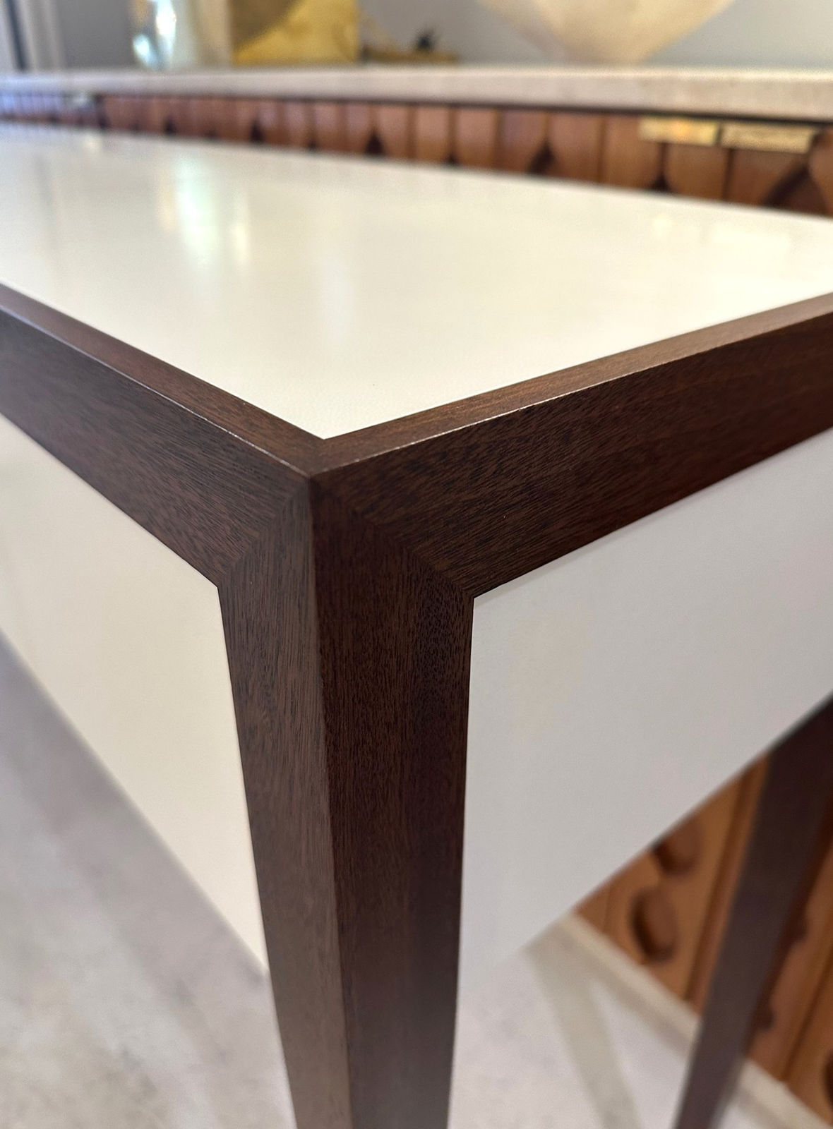 Custom Parchment and Mahogany Console with Three Drawers