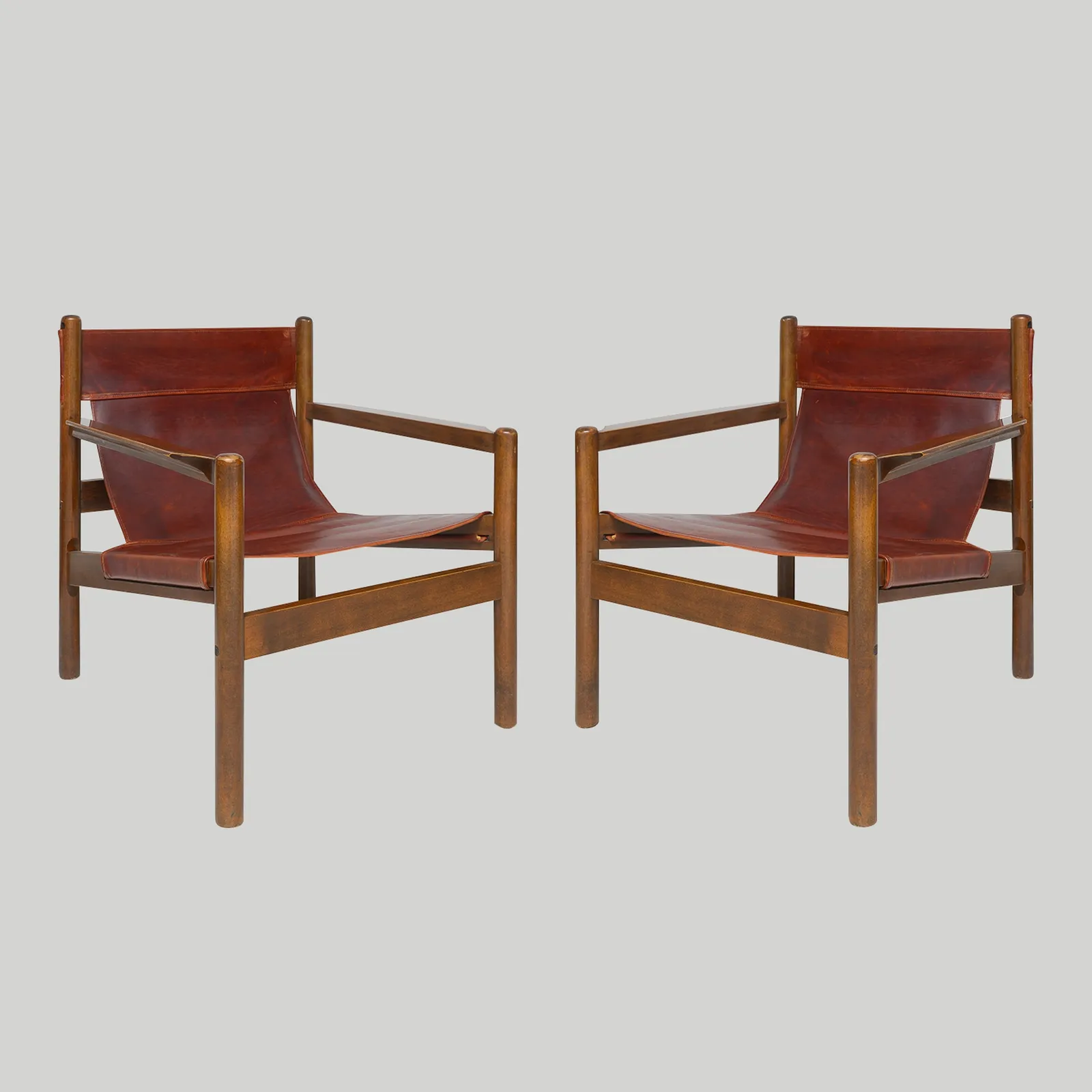 Vintage Pair of Safari-Style Leather Chairs, mid-20th century