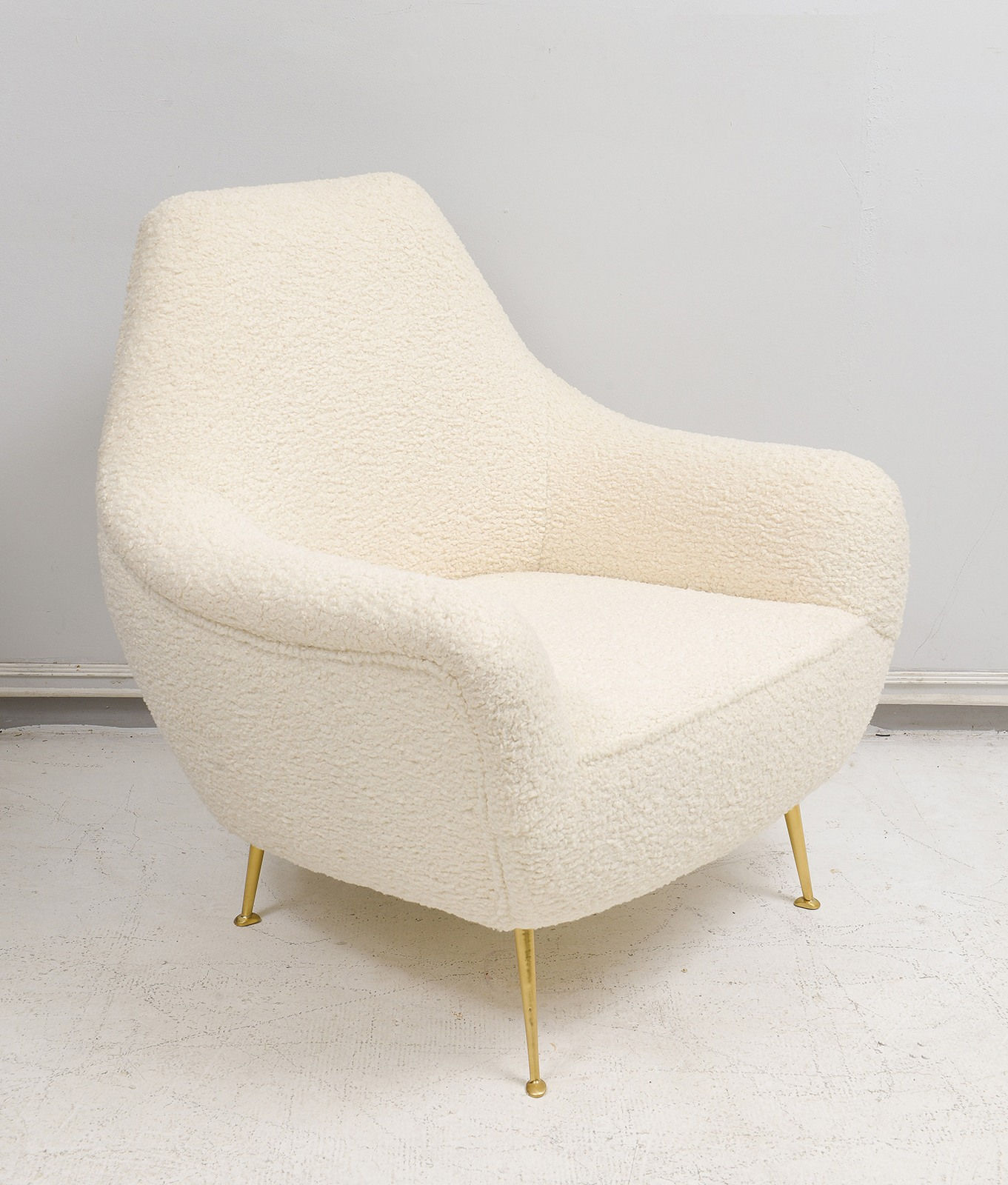 Custom Pair of Italian Mid-century Modern Lounge Chairs Upholstered in Boucle