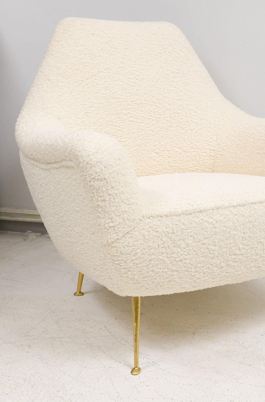 Custom Pair of Italian Mid-century Modern Lounge Chairs Upholstered in Boucle