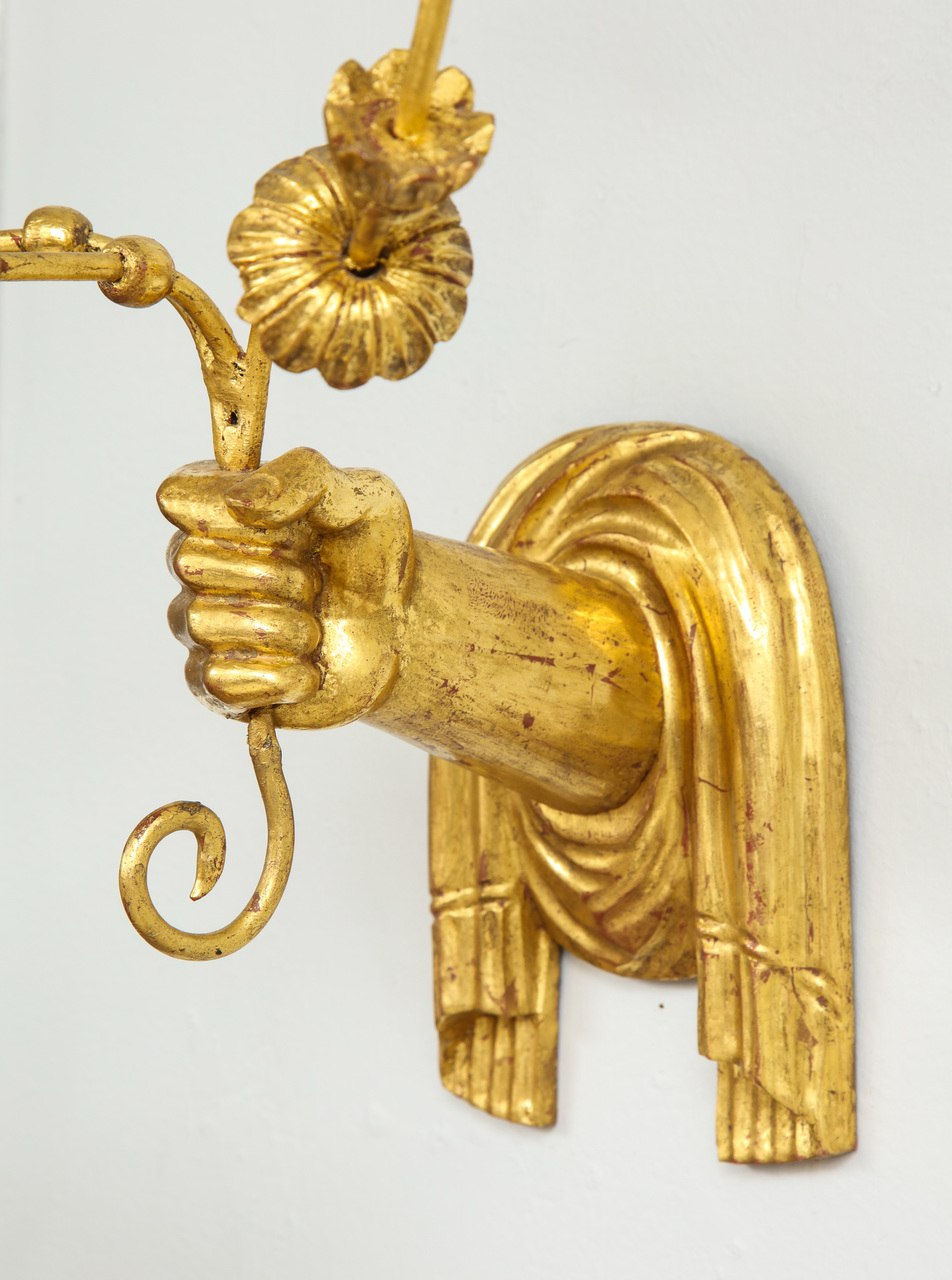 Custom Pair of Giltwood Hand-Carved Sconces