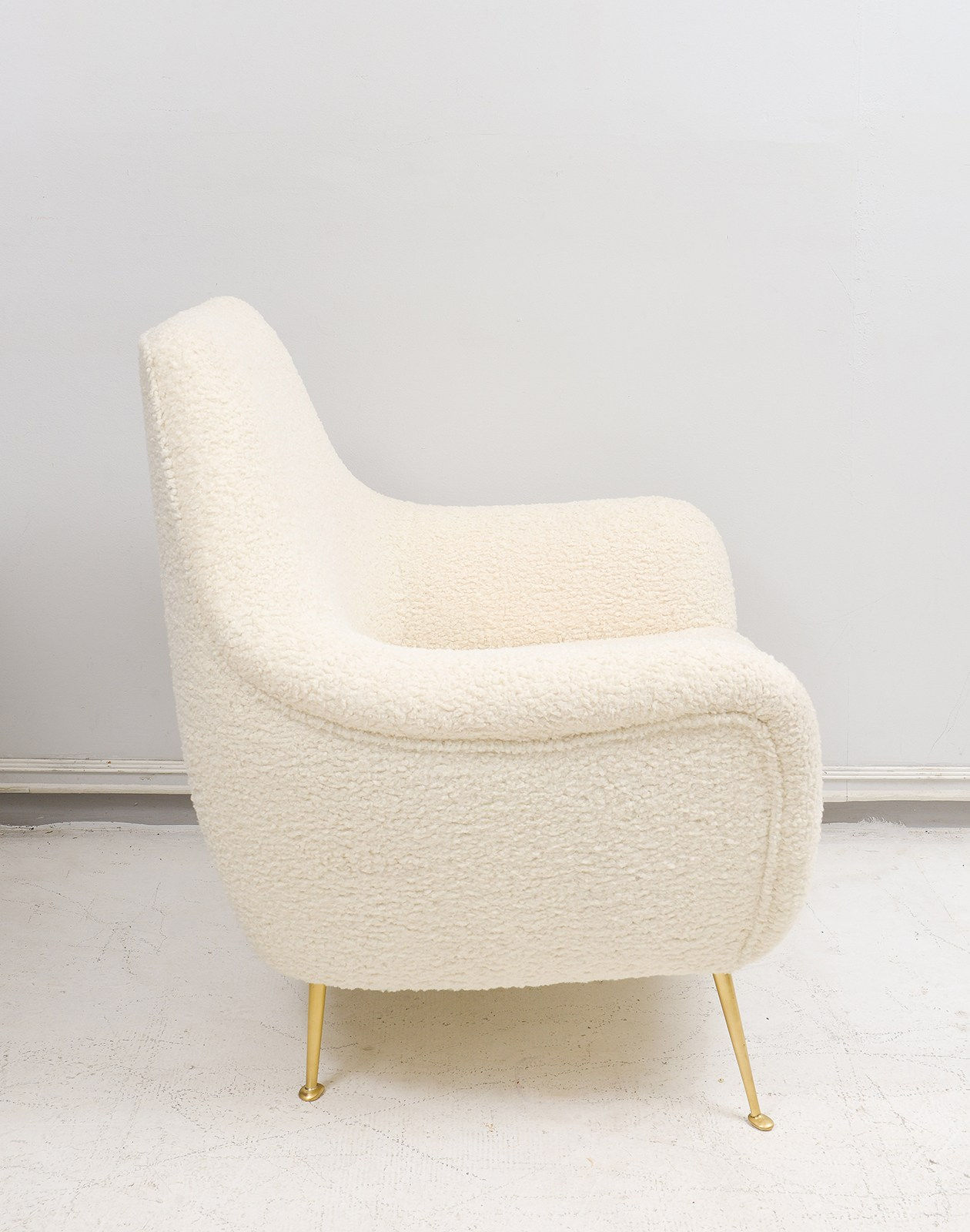 Custom Pair of Italian Mid-century Modern Lounge Chairs Upholstered in Boucle