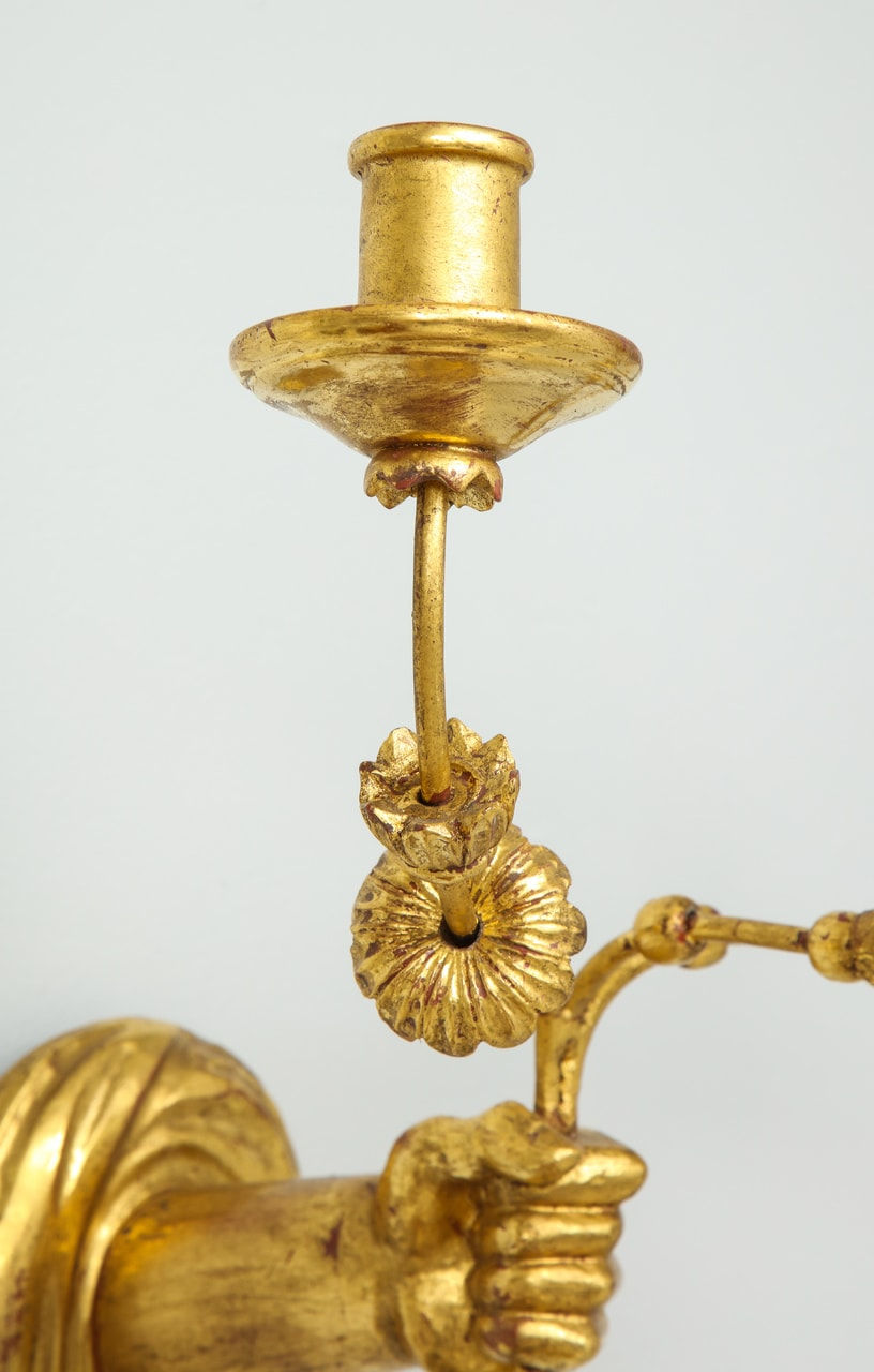 Custom Pair of Giltwood Hand-Carved Sconces