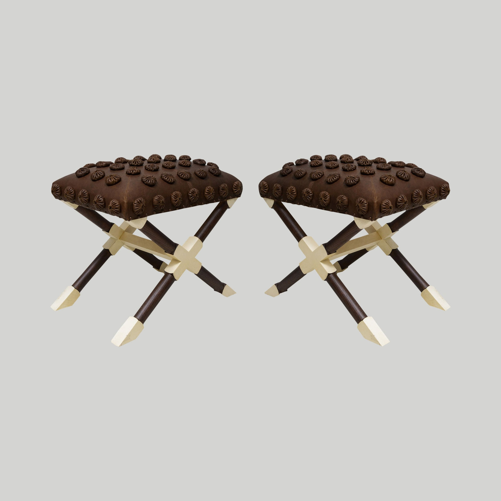 Custom Pair of Oak and Parchment X-Frame Benches upholstered in Leather, 21st century