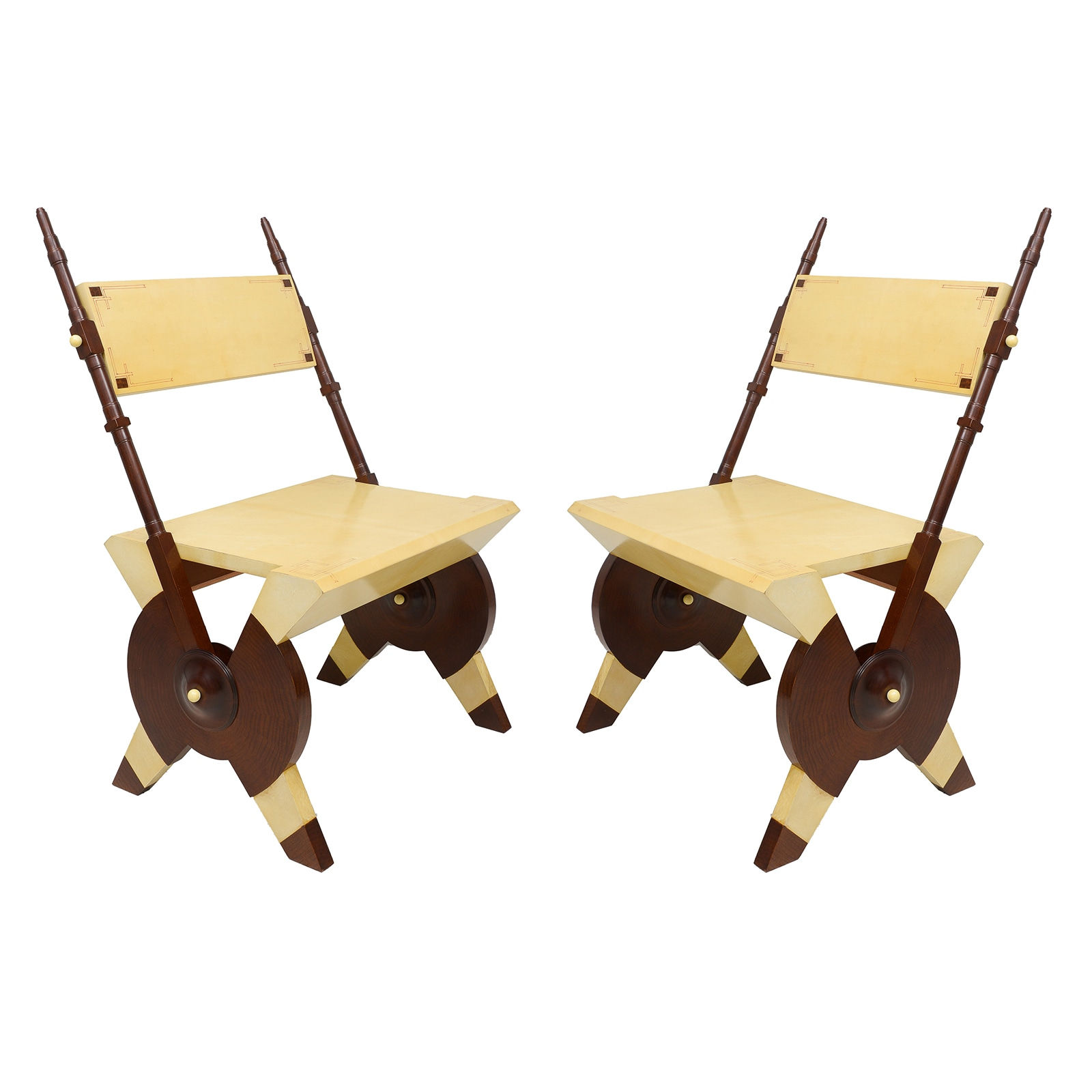 Pair of Carlo Bugatti Inspired Handcrafted Parchment and Mahogany Chairs, c 1950’s – 1970’s