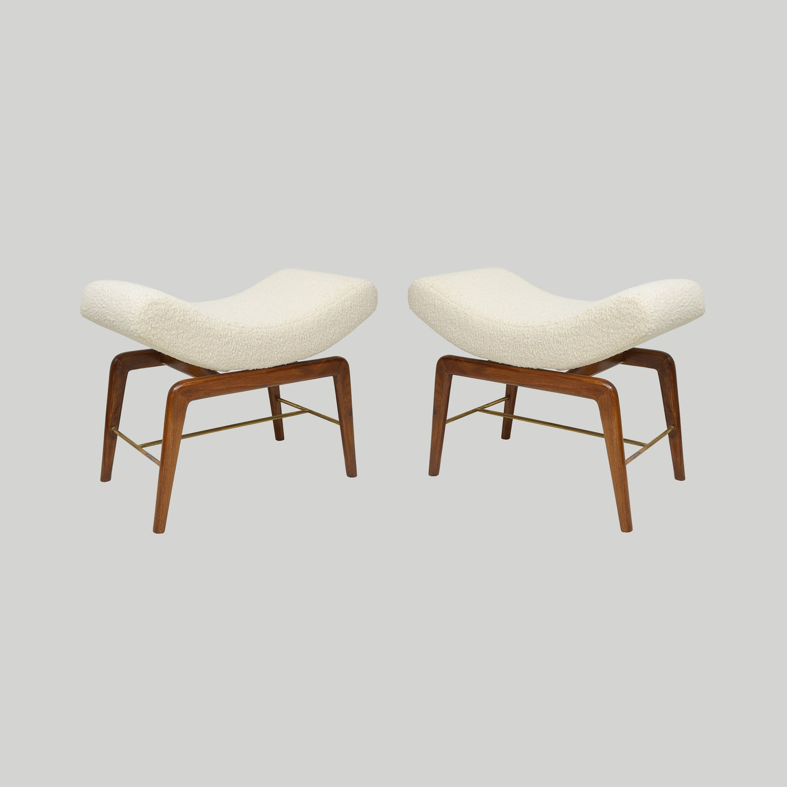 Custom Pair of Mid-Century-inspired Mahogany Benches upholstered in Boucle Fabric, 21st century