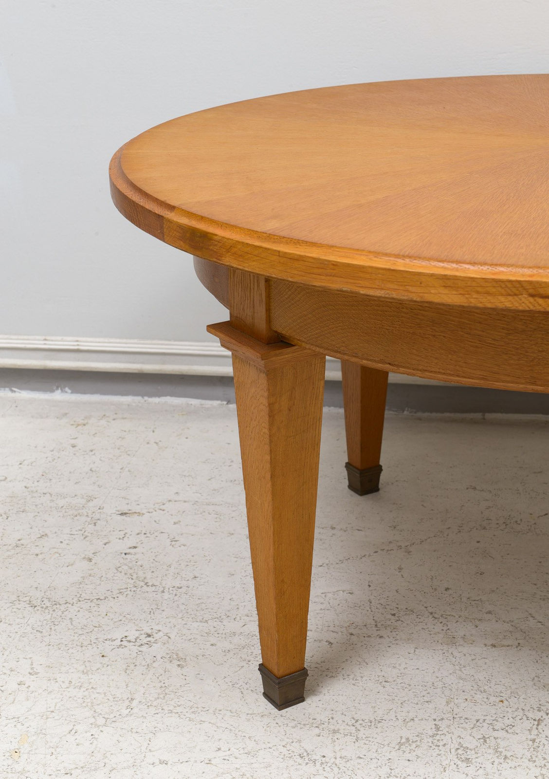 Vintage French Circular Coffee Table in Oak on Tapered Legs ending in Brass Sabots, c 1940's-1950's