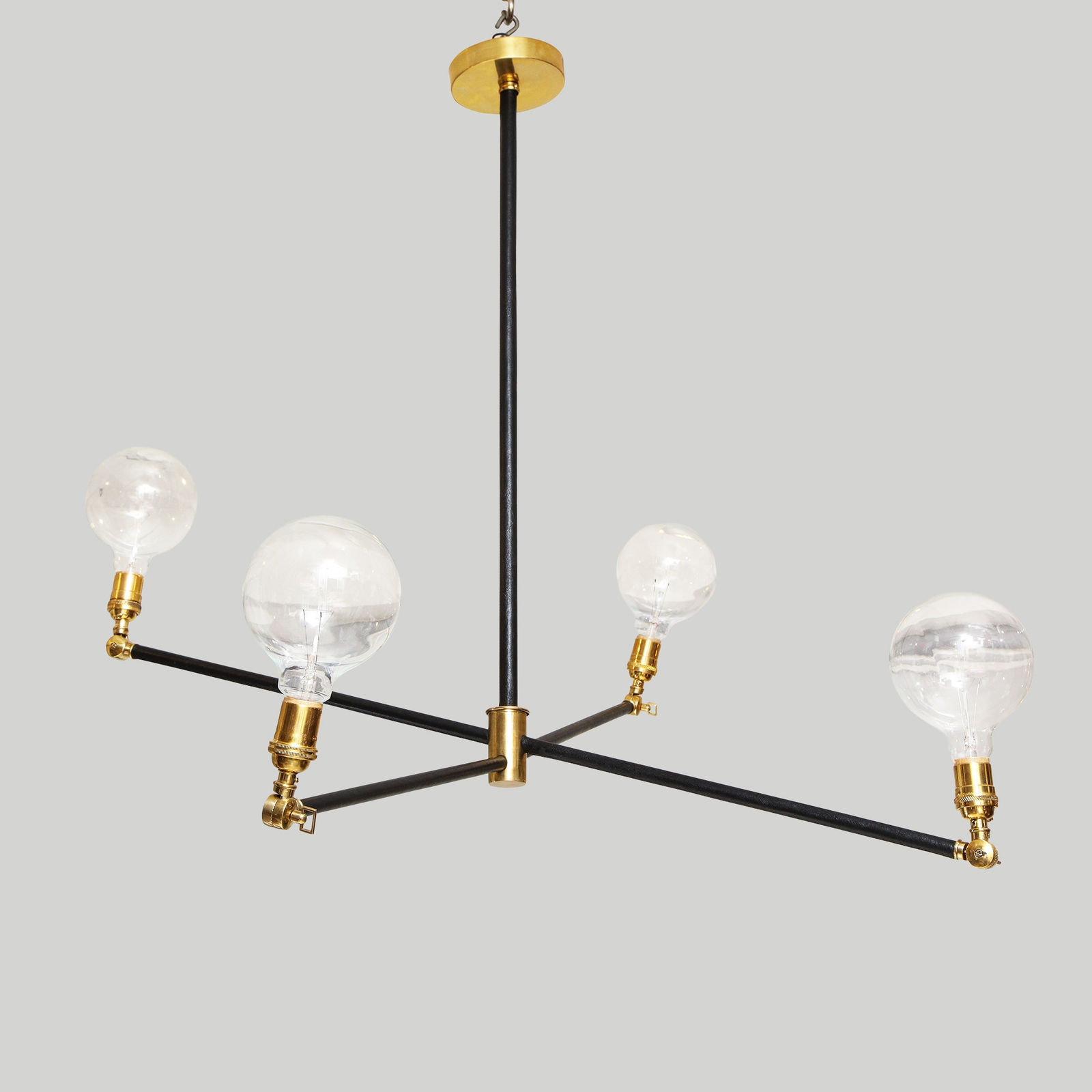 Custom Sculptural Leather and Brass Four-Arm Fixture with Articulating Arms