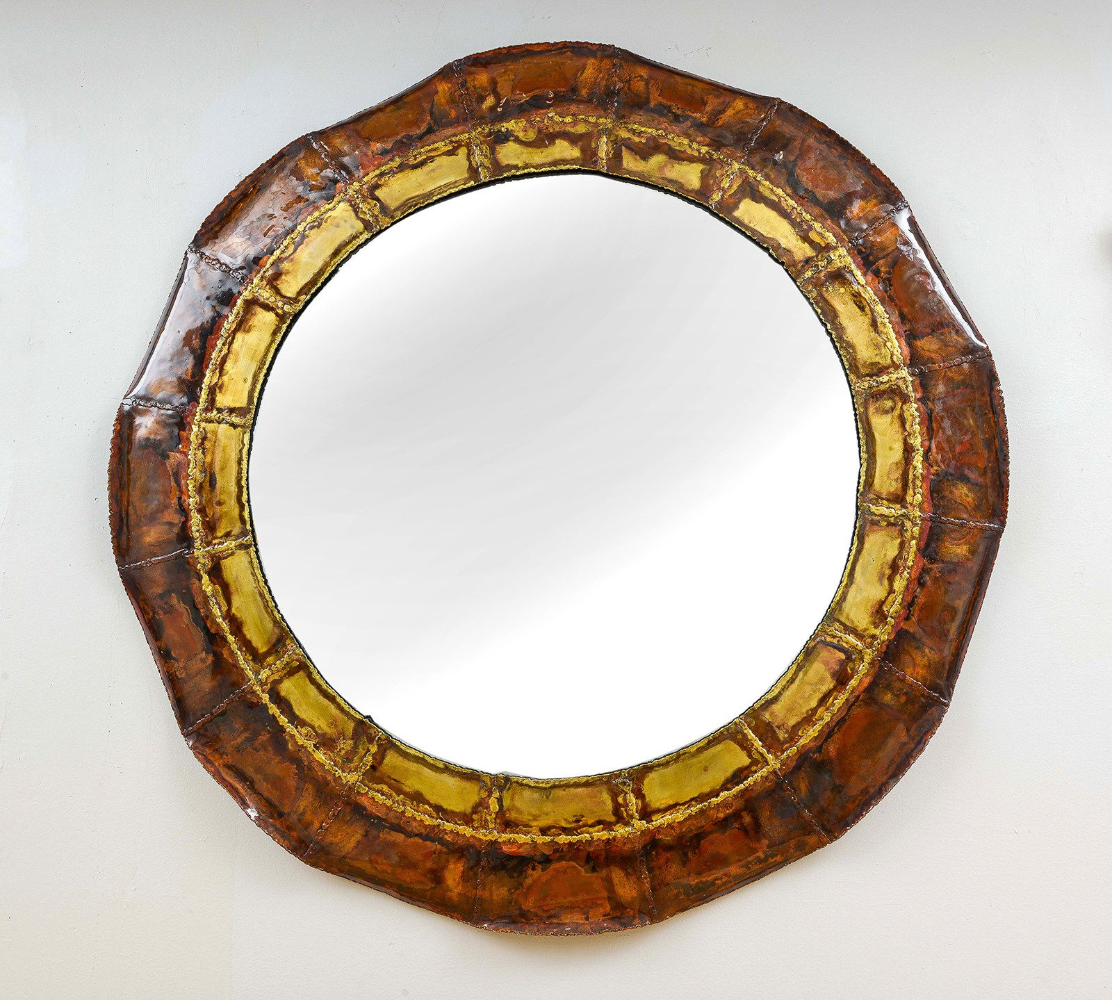 Bespoke Italian Brass and Copper Enameled Mirror, circa 1990’s