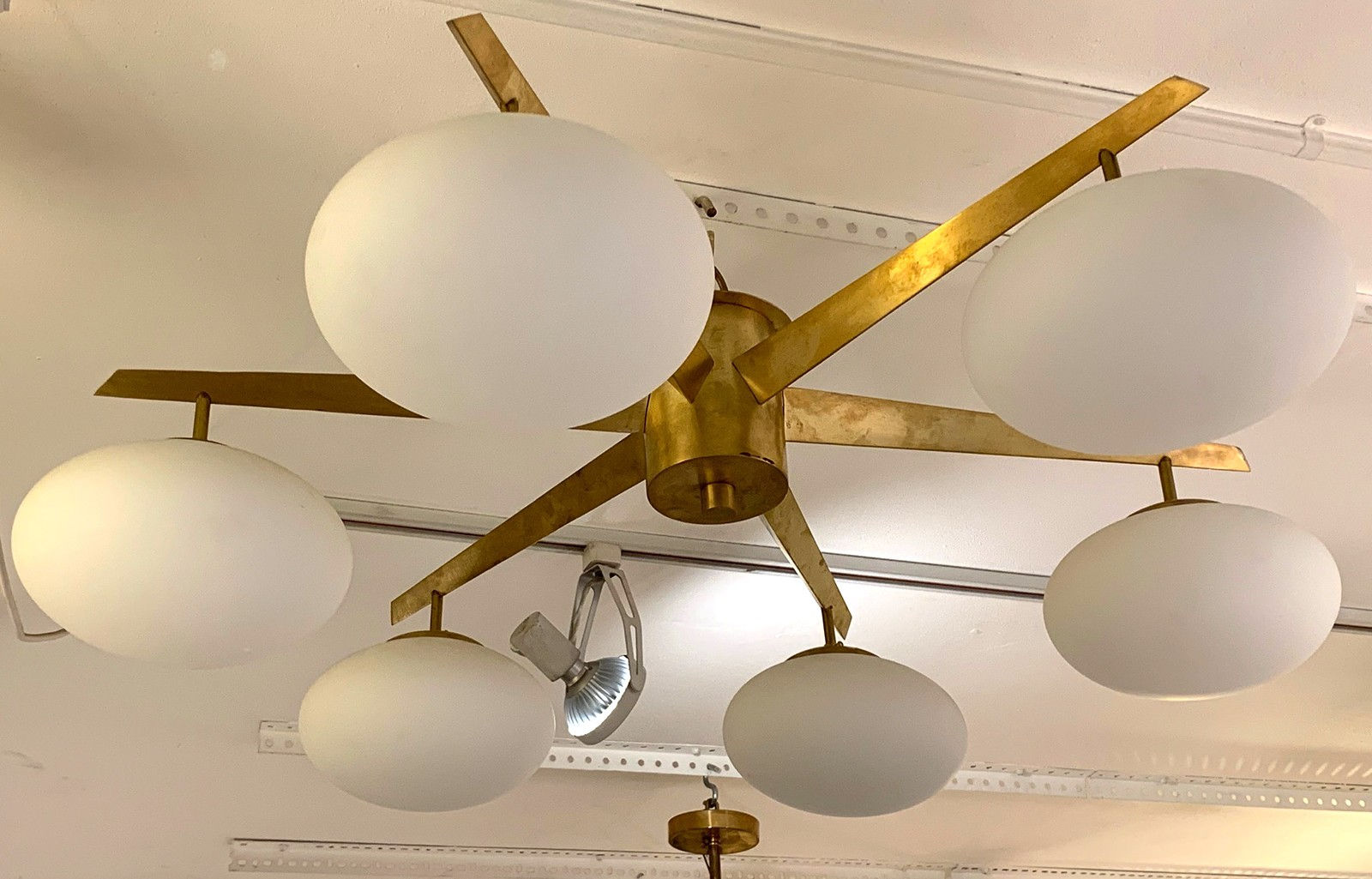 Custom Luca Mid-Century Style Brass and Opaline Glass Six-Light Fixture