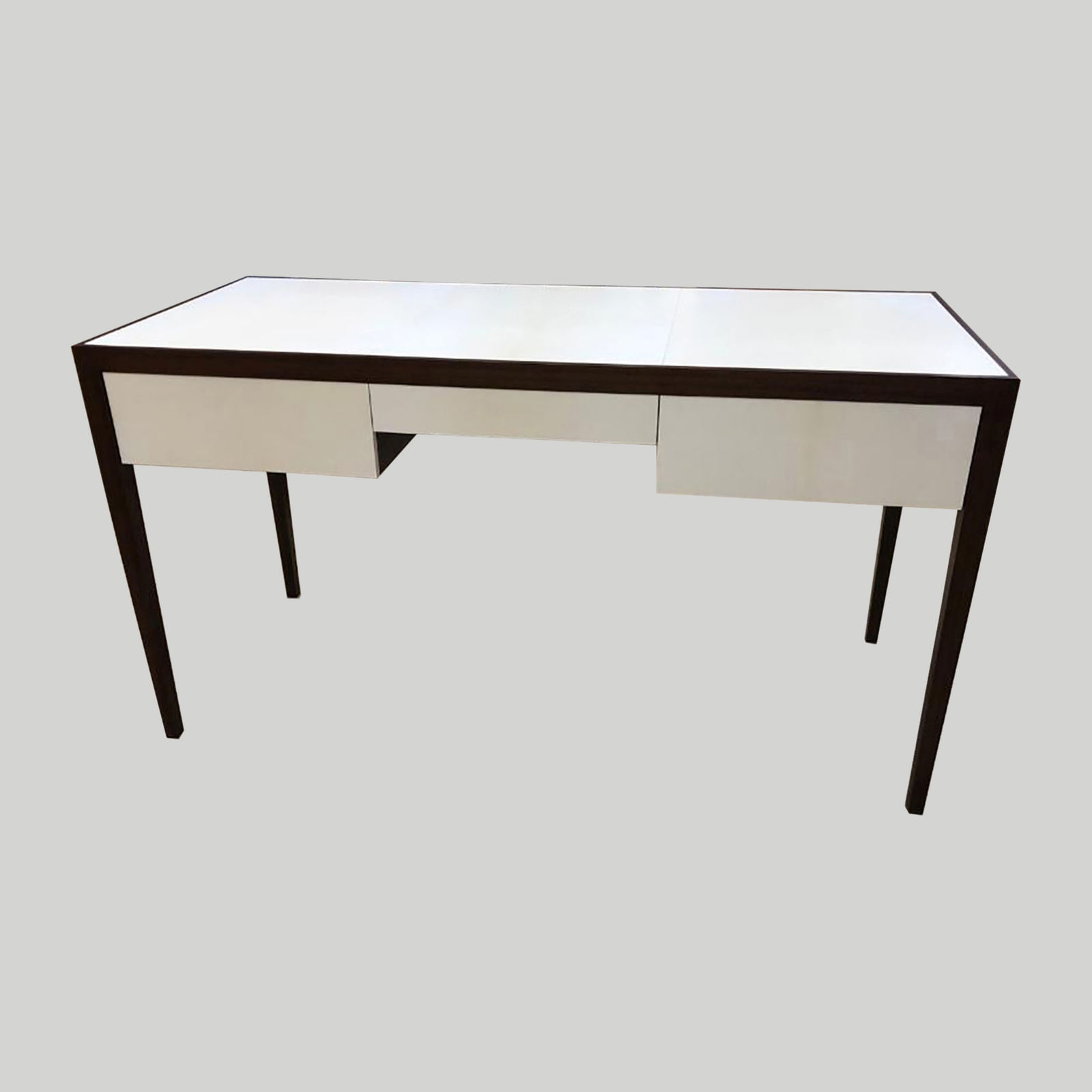 Custom Mahogany and Parchment Desk Featuring Three Central Drawers