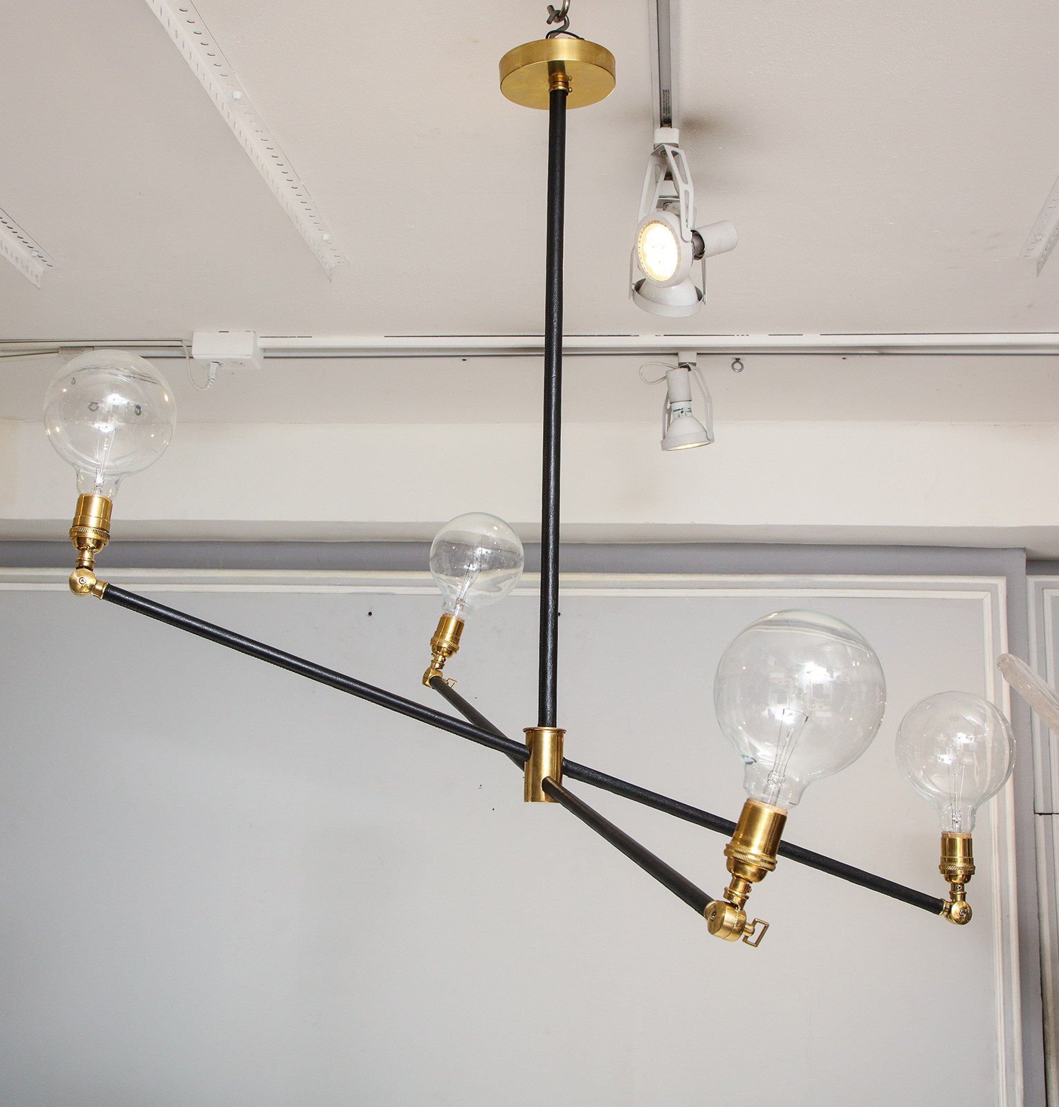 Custom Sculptural Leather and Brass Four-Arm Fixture with Articulating Arms