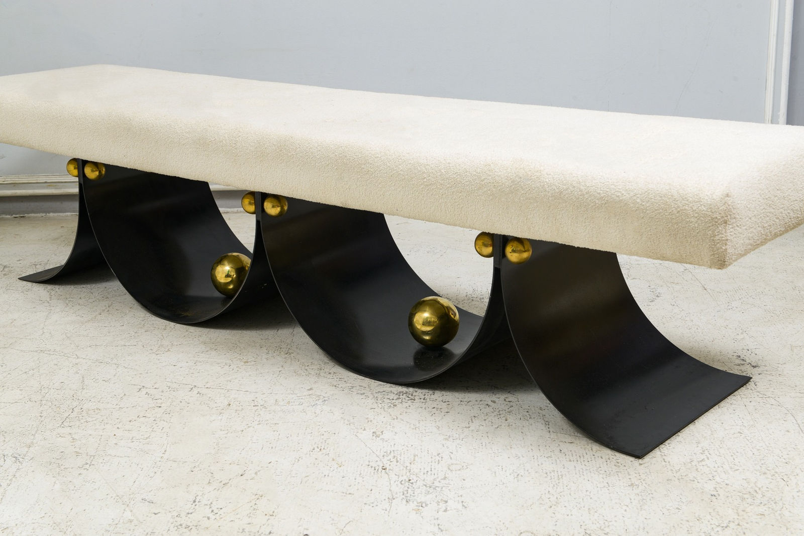 Contemporary Sculptural Iron Bench with Polished Brass Decorations, 21st century