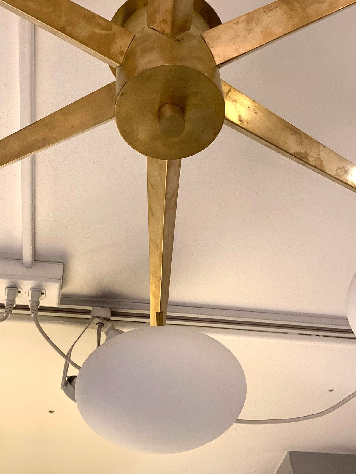 Custom Luca Mid-Century Style Brass and Opaline Glass Six-Light Fixture