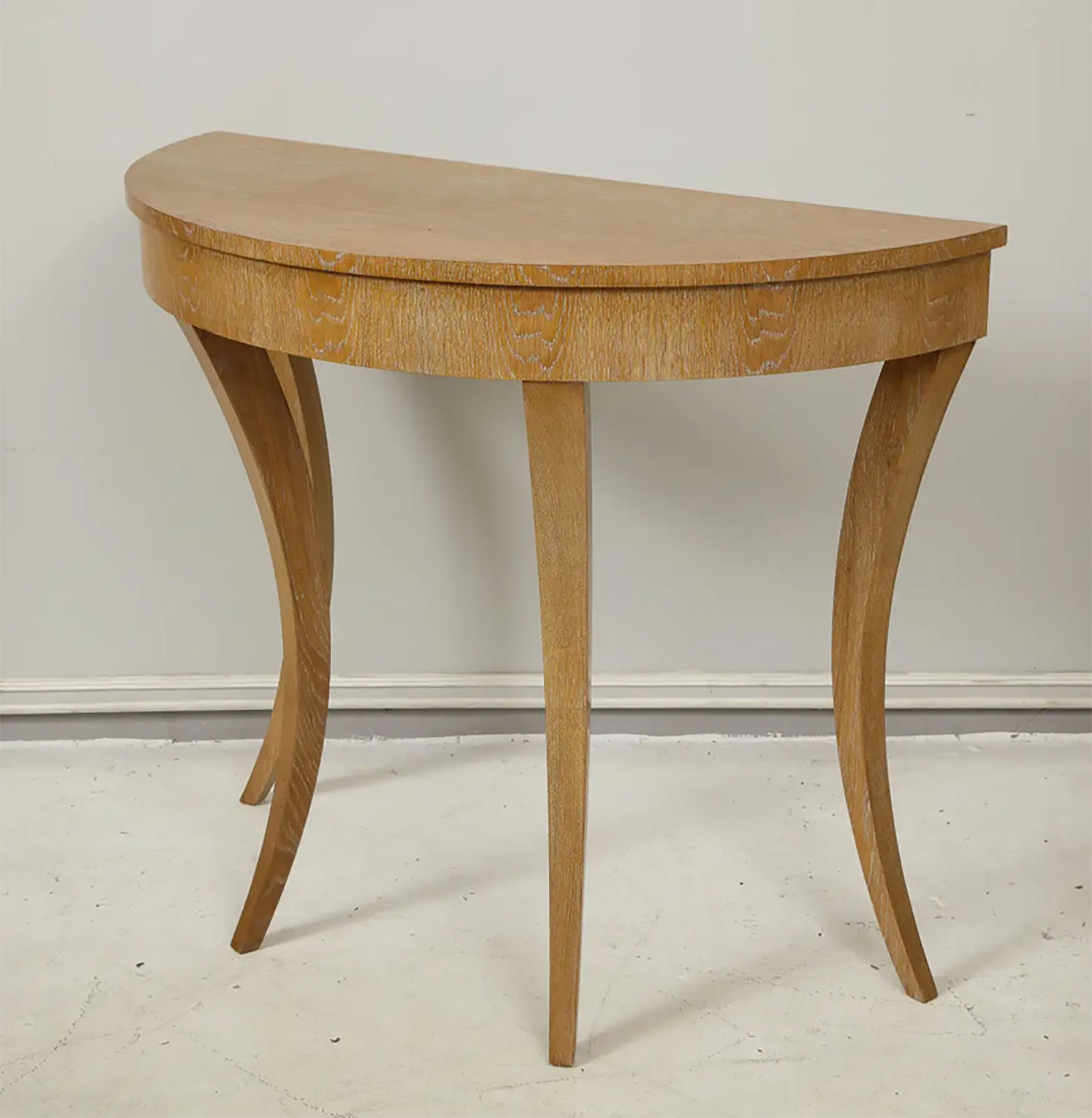 Custom Cerused Oak Bobo Demilune Console on Splayed Tapered Legs, 21st Century