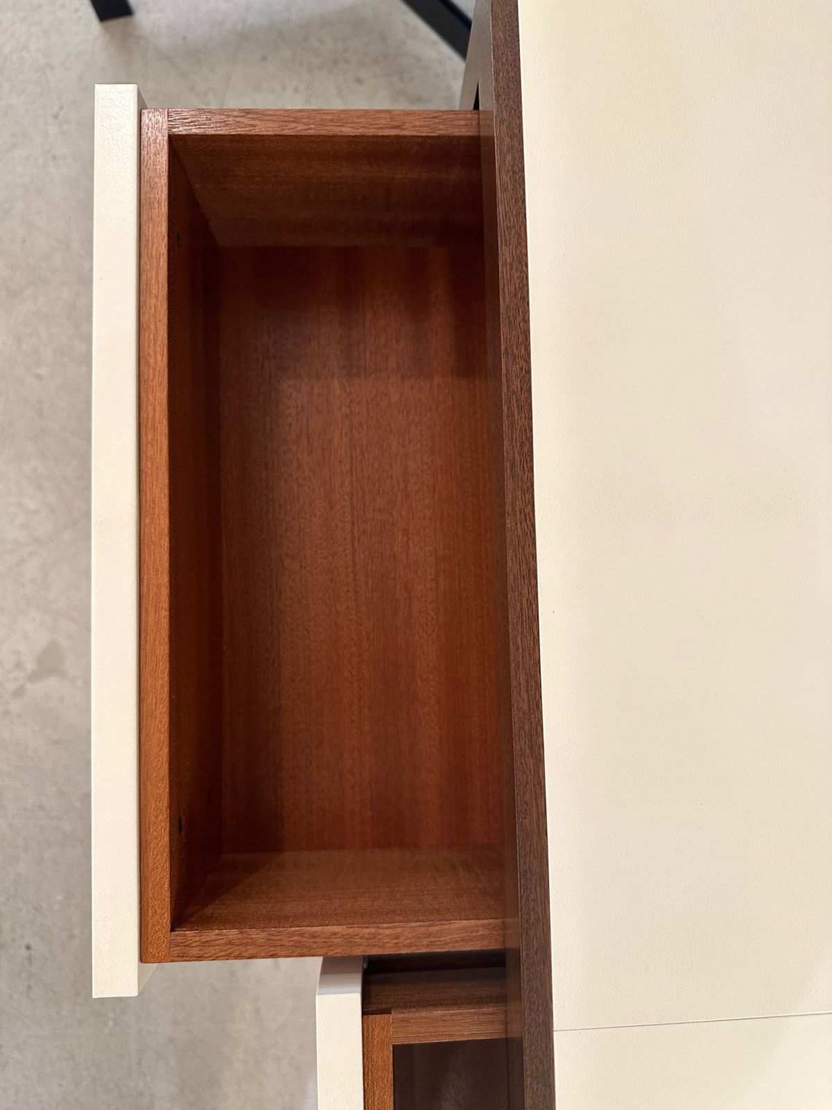 Custom Parchment and Mahogany Console with Three Drawers