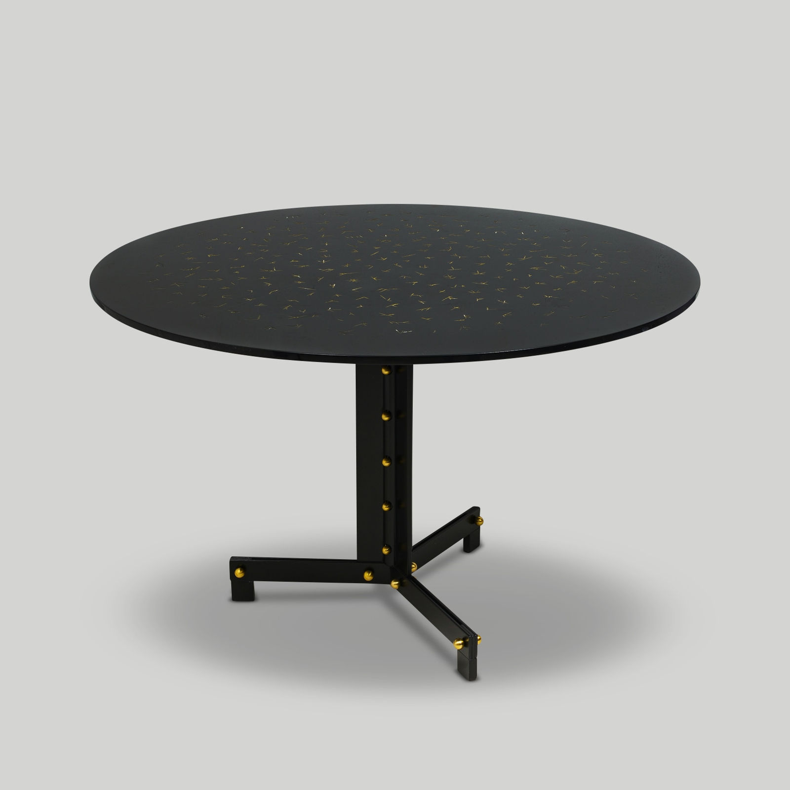 Bespoke Ebonized & Lacquered Circular Table on Steel and Brass Base, 21st century