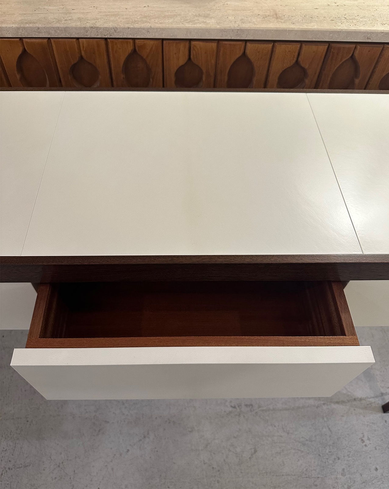 Custom Parchment and Mahogany Console with Three Drawers