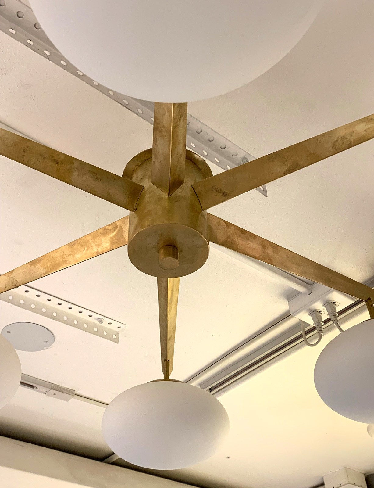 Custom Luca Mid-Century Style Brass and Opaline Glass Six-Light Fixture