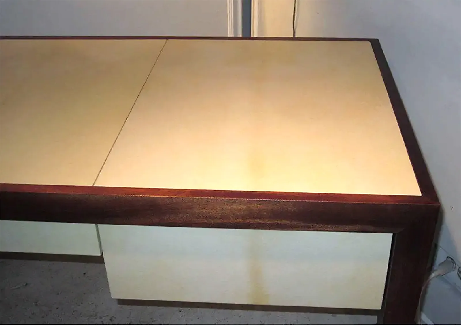 Custom Mahogany and Parchment Desk Featuring Three Central Drawers