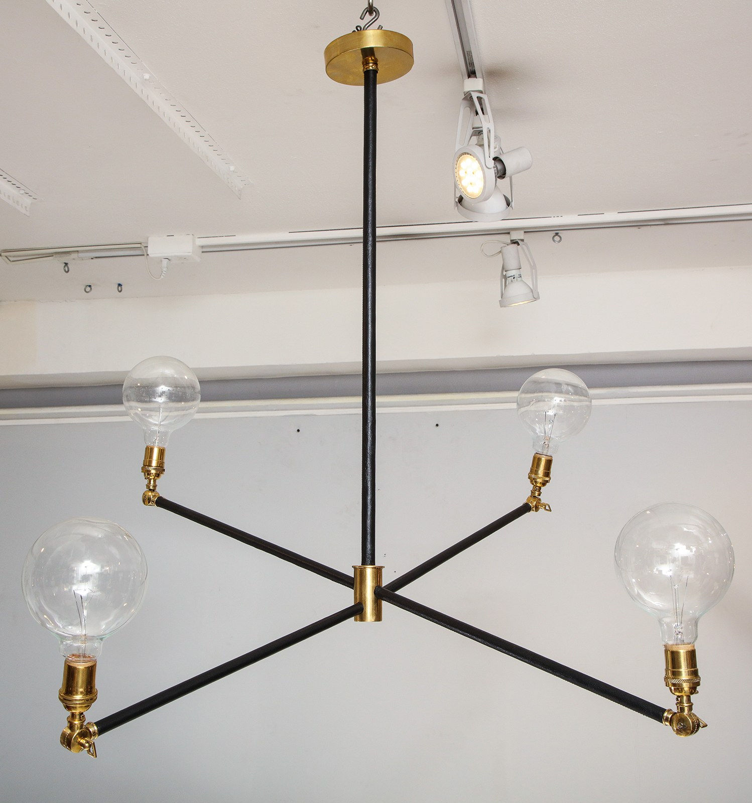 Custom Sculptural Leather and Brass Four-Arm Fixture with Articulating Arms