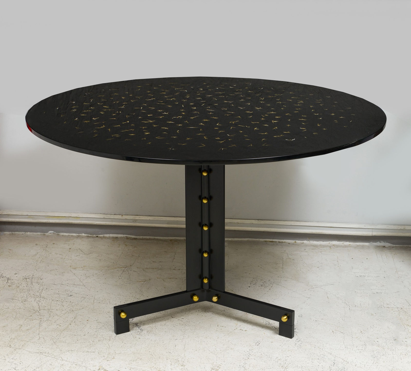 Bespoke Ebonized & Lacquered Circular Table on Steel and Brass Base, 21st century