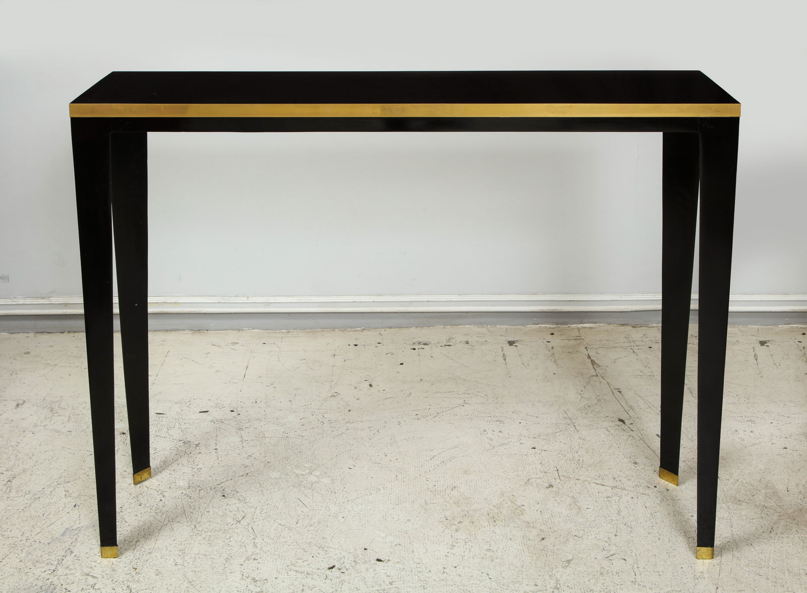 Custom Ebonized Brass-Banded Console on Tapered Legs, 21st century