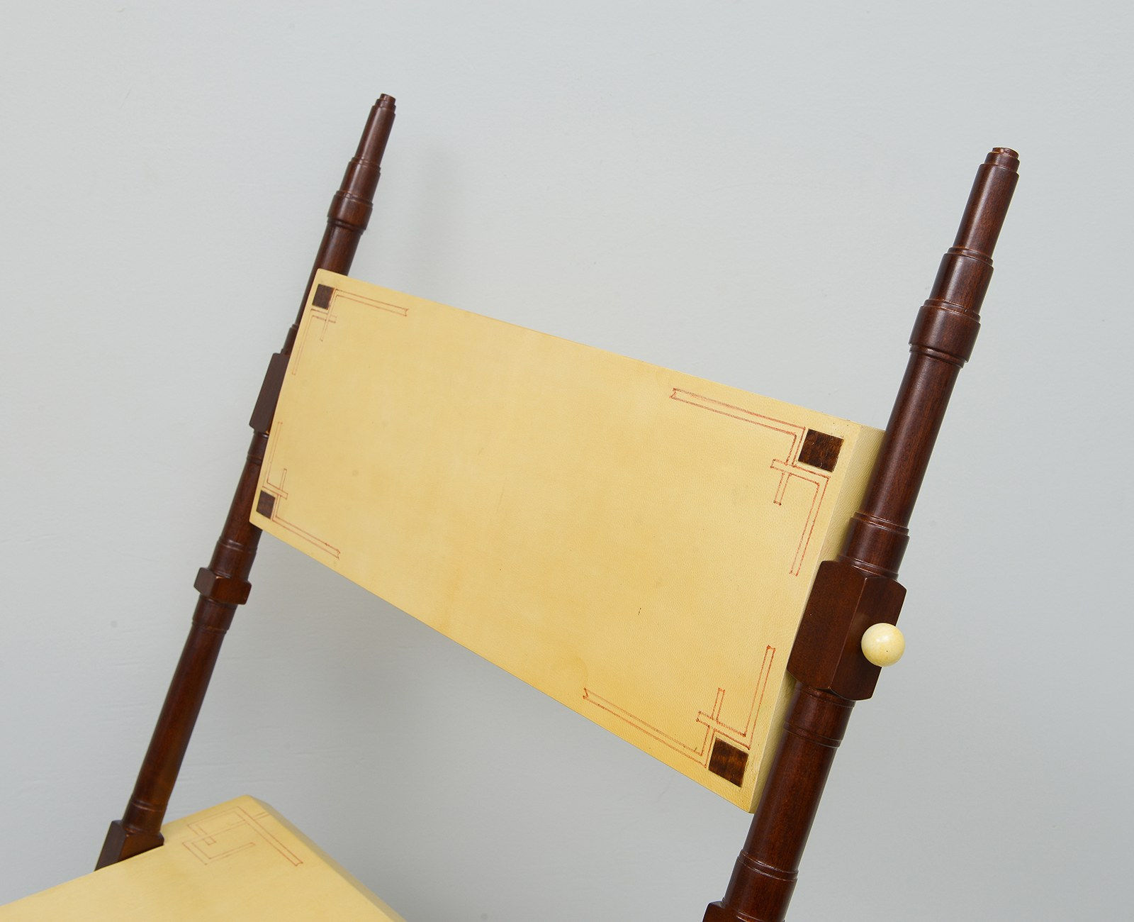 Pair of Carlo Bugatti Inspired Handcrafted Parchment and Mahogany Chairs, c 1950’s – 1970’s