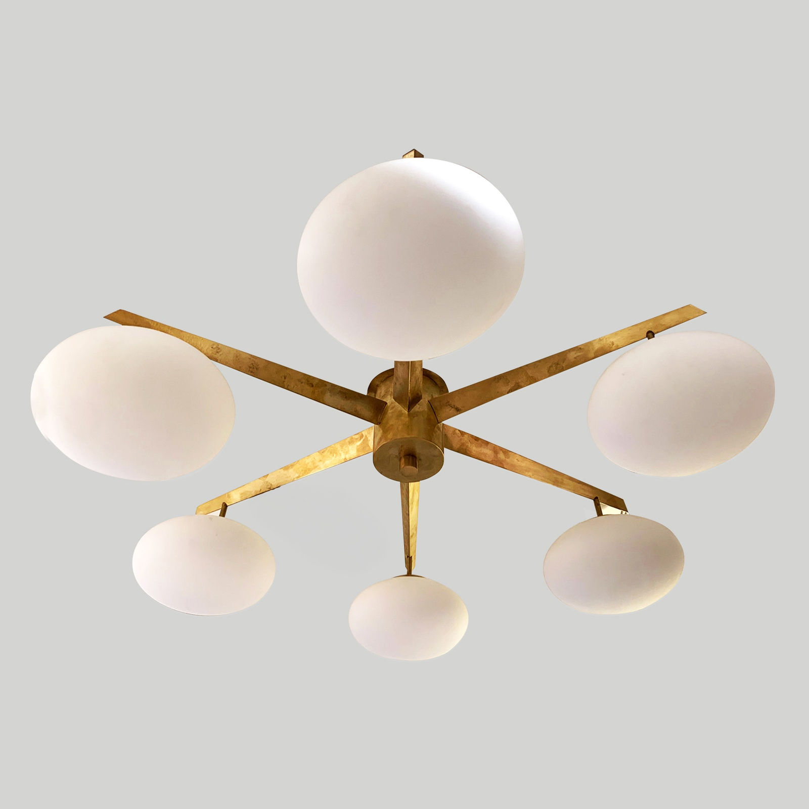 Custom Luca Mid-Century Style Brass and Opaline Glass Six-Light Fixture