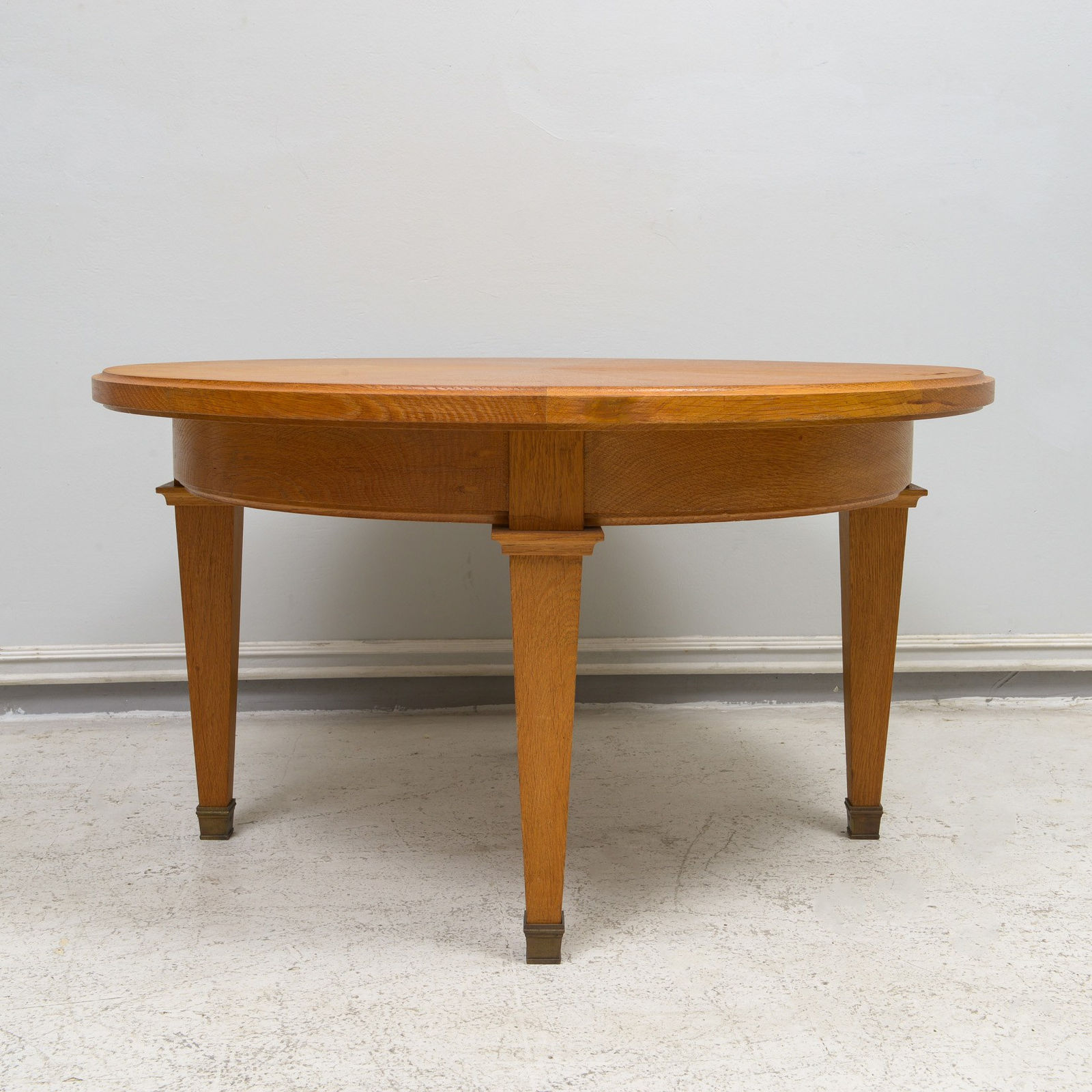 Vintage French Circular Coffee Table in Oak on Tapered Legs ending in Brass Sabots, c 1940's-1950's