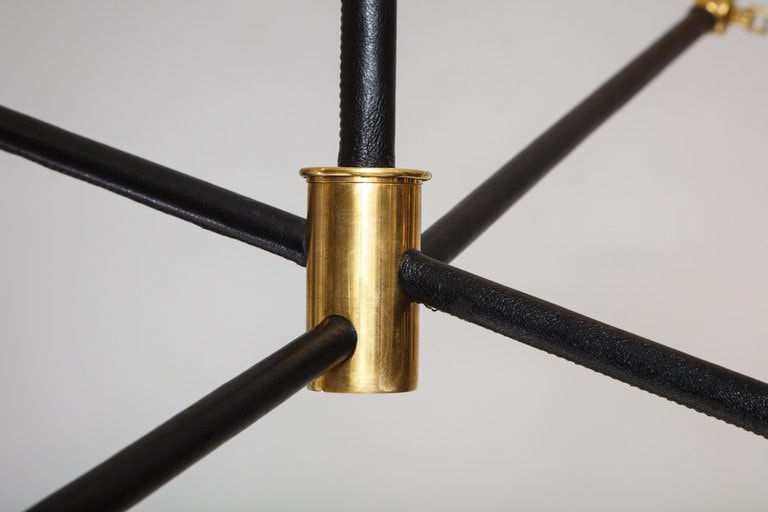 Custom Sculptural Leather and Brass Four-Arm Fixture with Articulating Arms