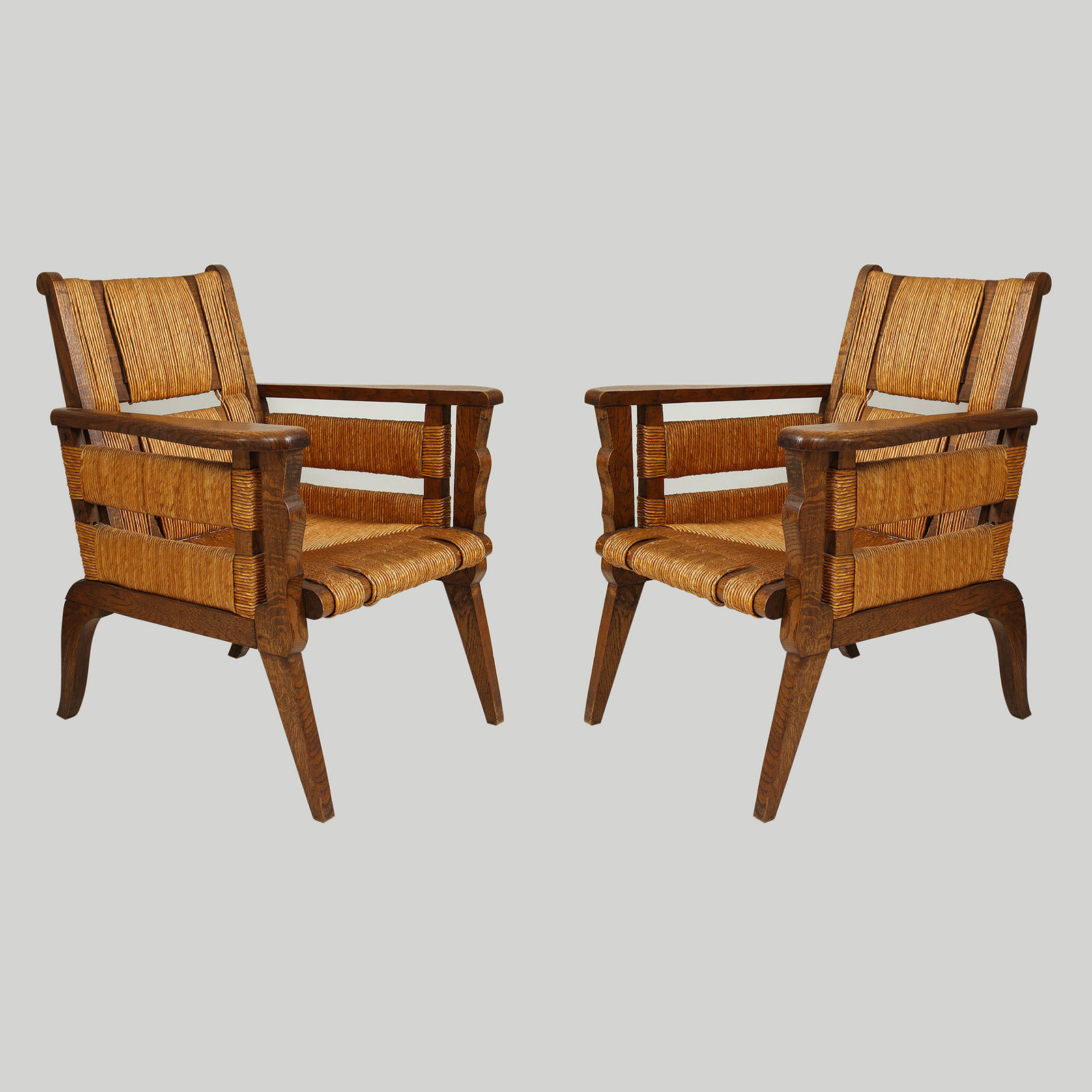 Custom Pair of Oak Caned Gabriel Lounge Chairs, 21st century
