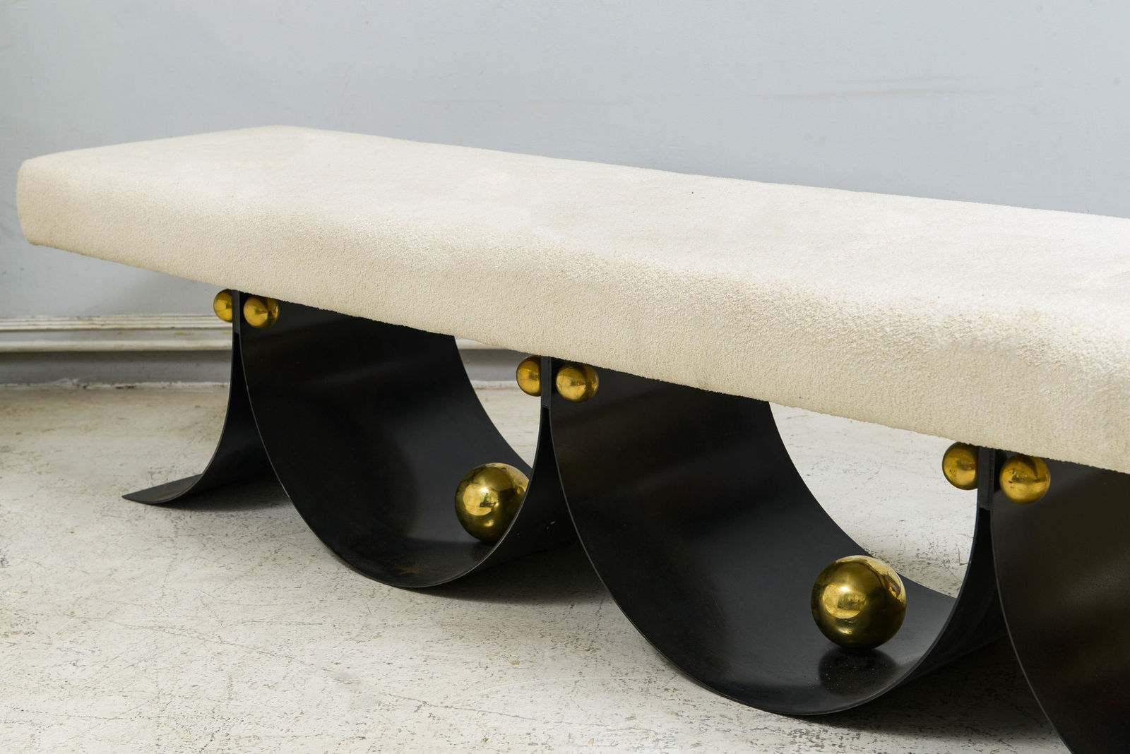 Contemporary Sculptural Iron Bench with Polished Brass Decorations, 21st century