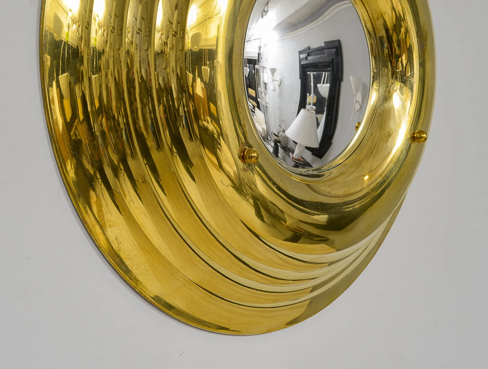 Vintage French Brass Circular Convex Mirror, c 1950's - 1960's