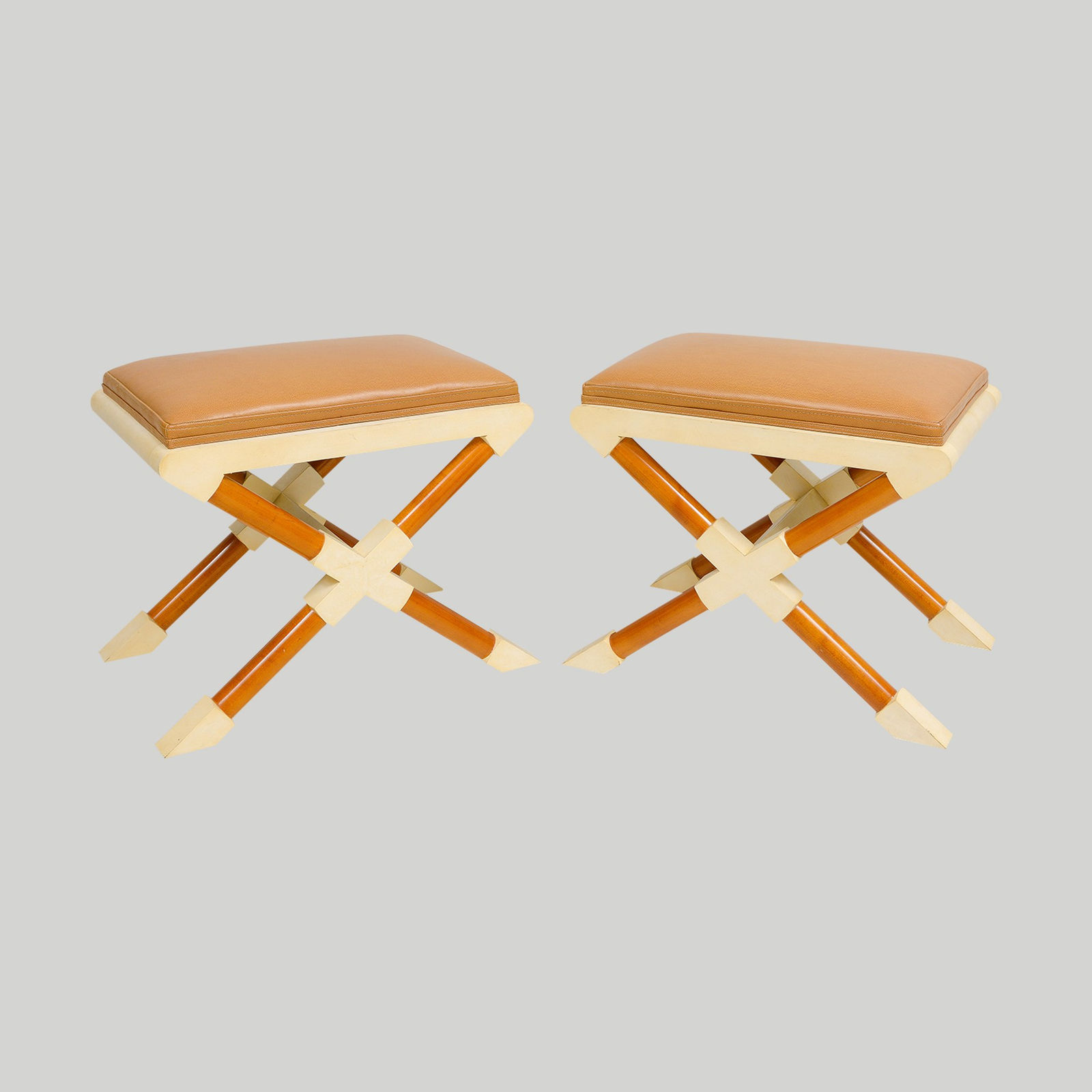 Bespoke Pair of Georgetta Parchment X-Frame Benches, 21st century