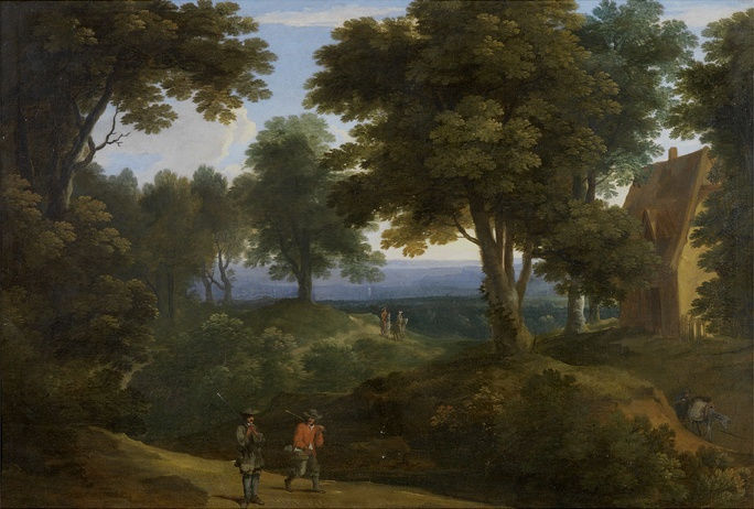 Jacques D'Arthois, A wooded landscape in Flanders with sportsmen on a path, mounted travellers beyond