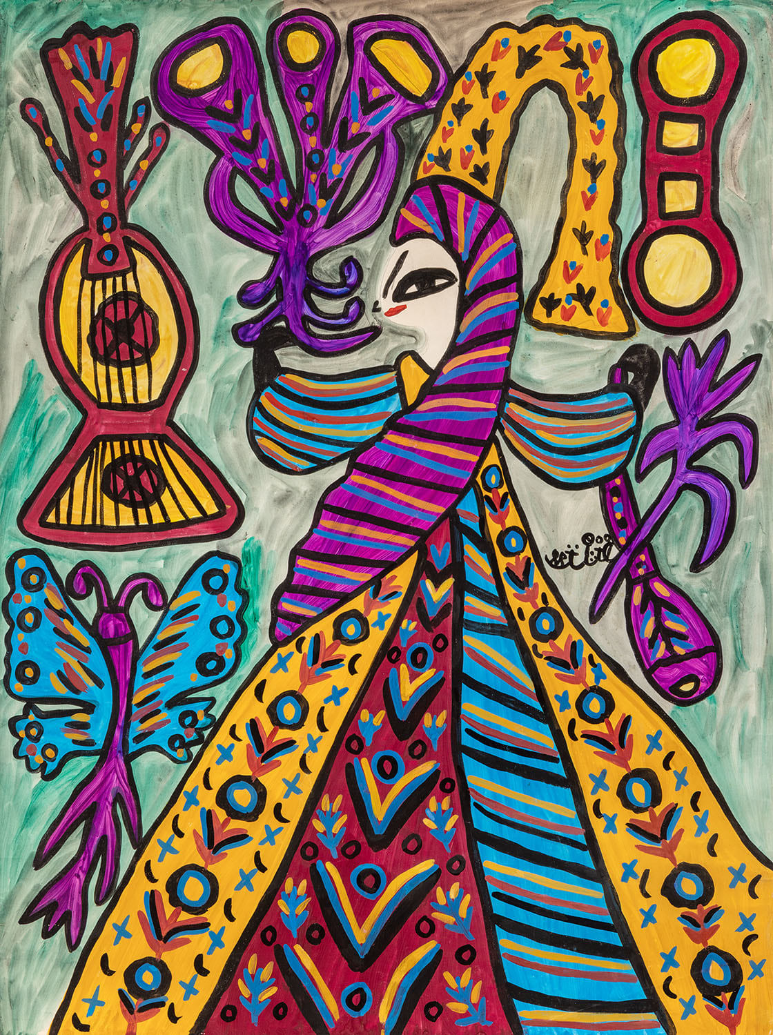 Baya Mahieddine, Femme, mandoline et papillon, 1988