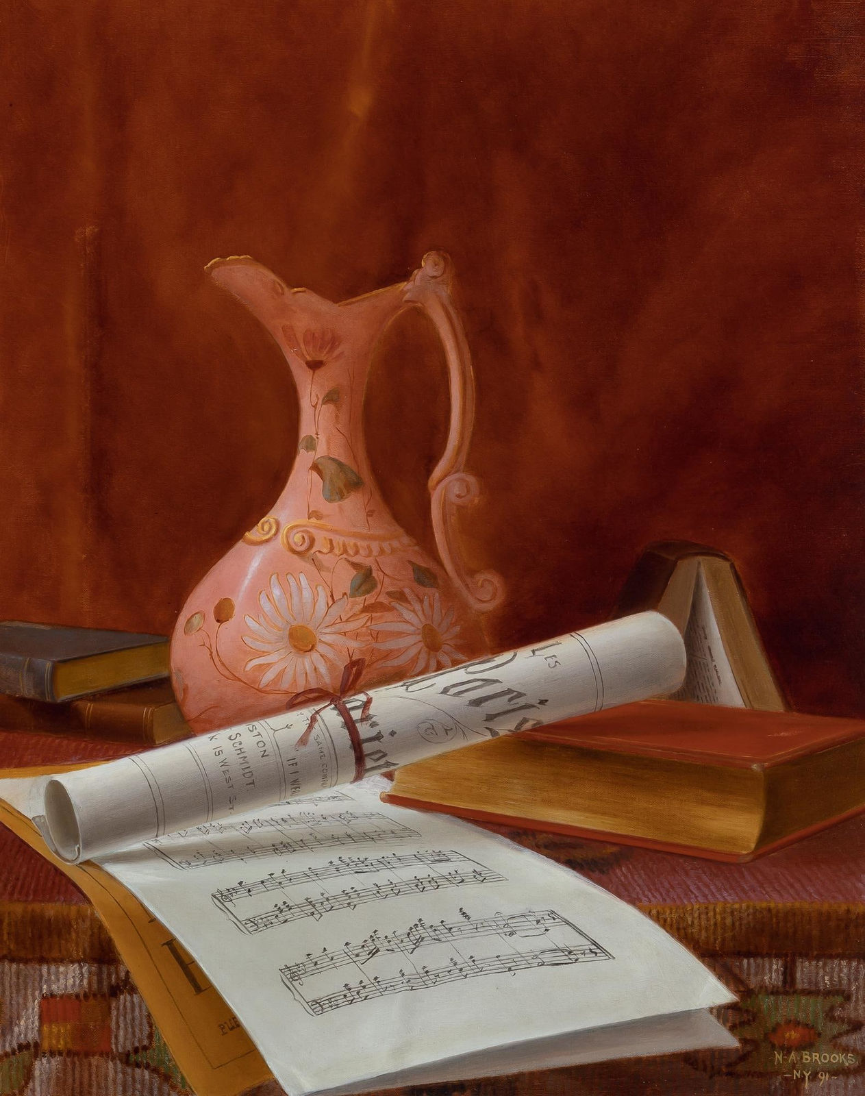 Nicholas Alden Brooks, Still Life with Pink Ewer and Sheet Music, 1891