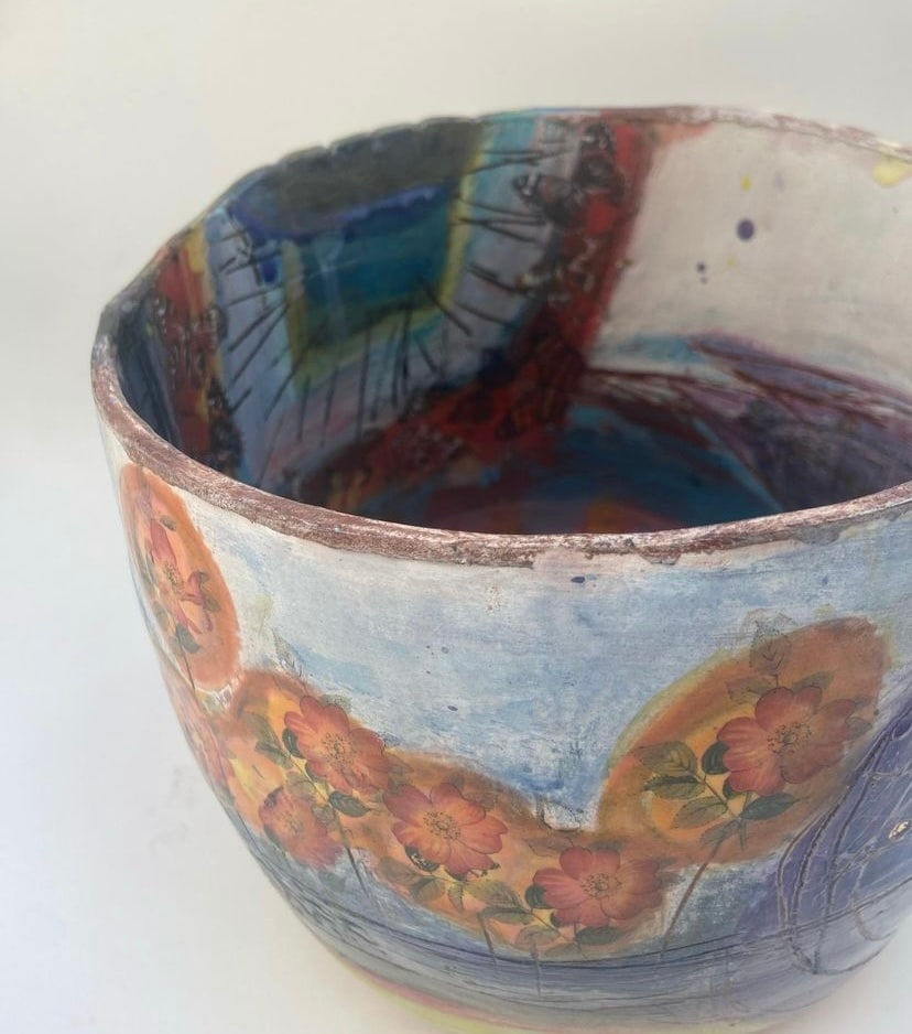 Linda Styles, Medium scale bowl. Always a figuratively referenced surface that places drawn elements in a spacial context. The complexity of my surface structures can be seen clearly in this close up of exterior wall., 2022