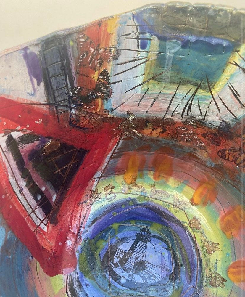 Linda Styles, Medium scale bowl. Always a figuratively referenced surface that places drawn elements in a spacial context. The complexity of my surface structures can be seen clearly in this close up of exterior wall., 2022