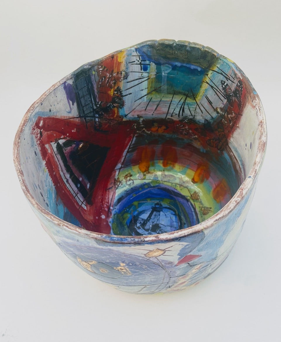 Linda Styles, Medium scale bowl. Always a figuratively referenced surface that places drawn elements in a spacial context. The complexity of my surface structures can be seen clearly in this close up of exterior wall., 2022